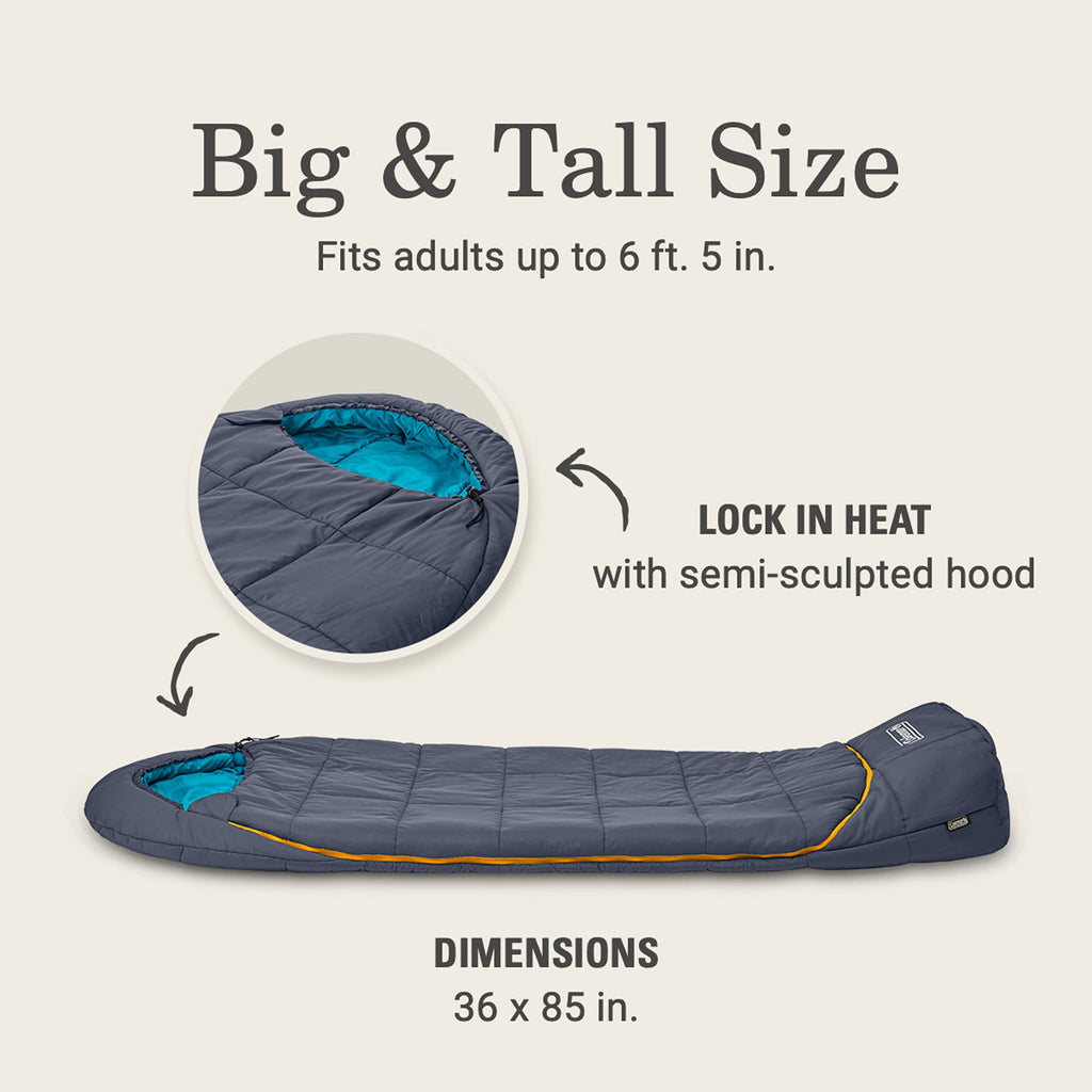 Coleman Big Bay Mummy Sleeping Bag, Cool-Weather 0F/20F/40F, Big & Tall Size With Foot Ventilation For Adults Ideal For Camping,