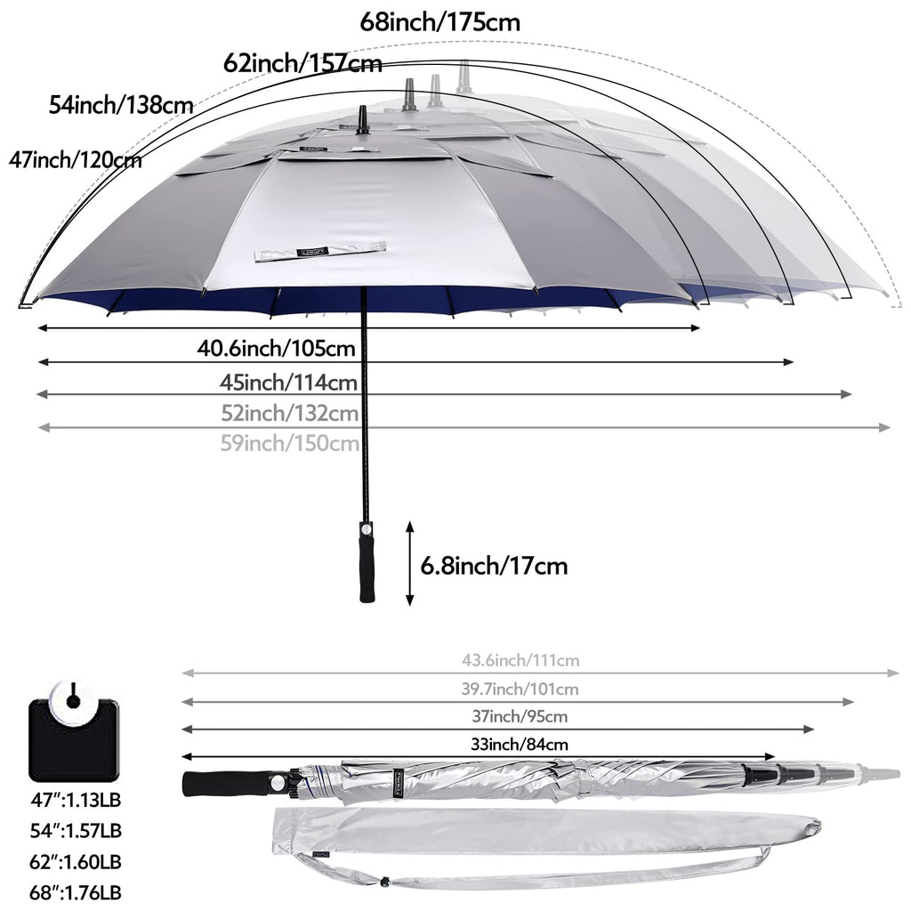 G4Free 68 Inch Uv Protection Golf Umbrella Auto Open Extra Large Windproof Sun And Rain Umbrellas Double Canopy (Silver/Blue)