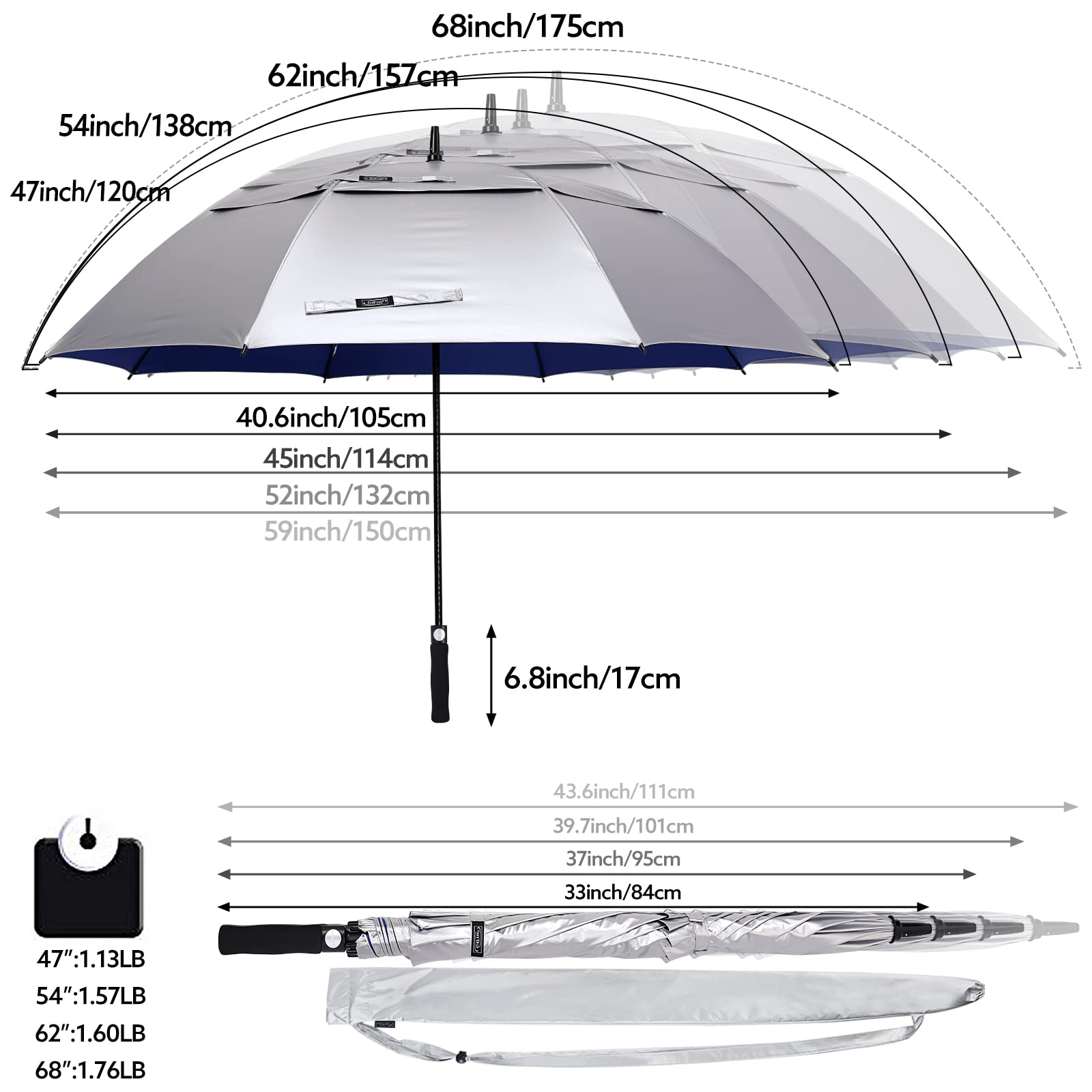 G4Free 68 Inch Uv Protection Golf Umbrella Auto Open Extra Large Windproof Sun And Rain Umbrellas Double Canopy (Silver/Blue)