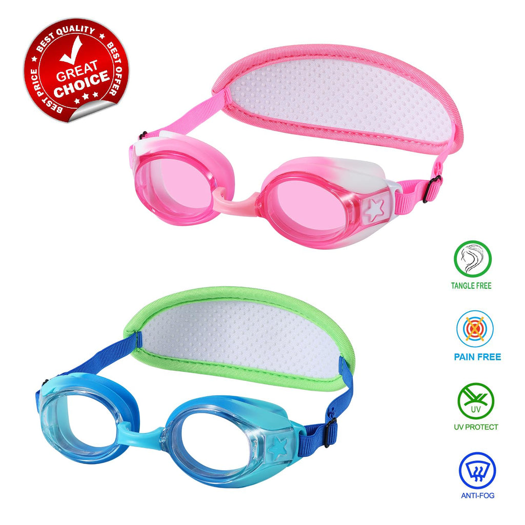 Ruigao Kids Swim Goggles Age 2-6, Toddler Goggles No Hair Pull,Child Goggles Padded Headband (2Pk - Pink/Blue Fish)