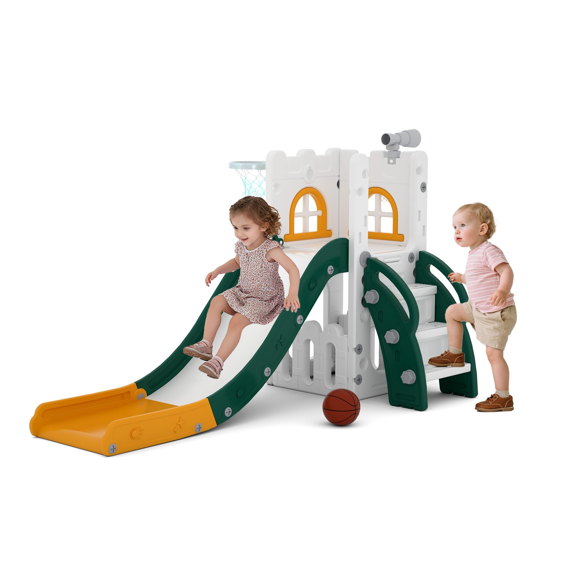 LulliSpace 6 in 1 Toddler Slide,Kids Playset for Toddlers Indoor Outdoor, Baby Slide with Basketball Hoop, Telescope & Storage S