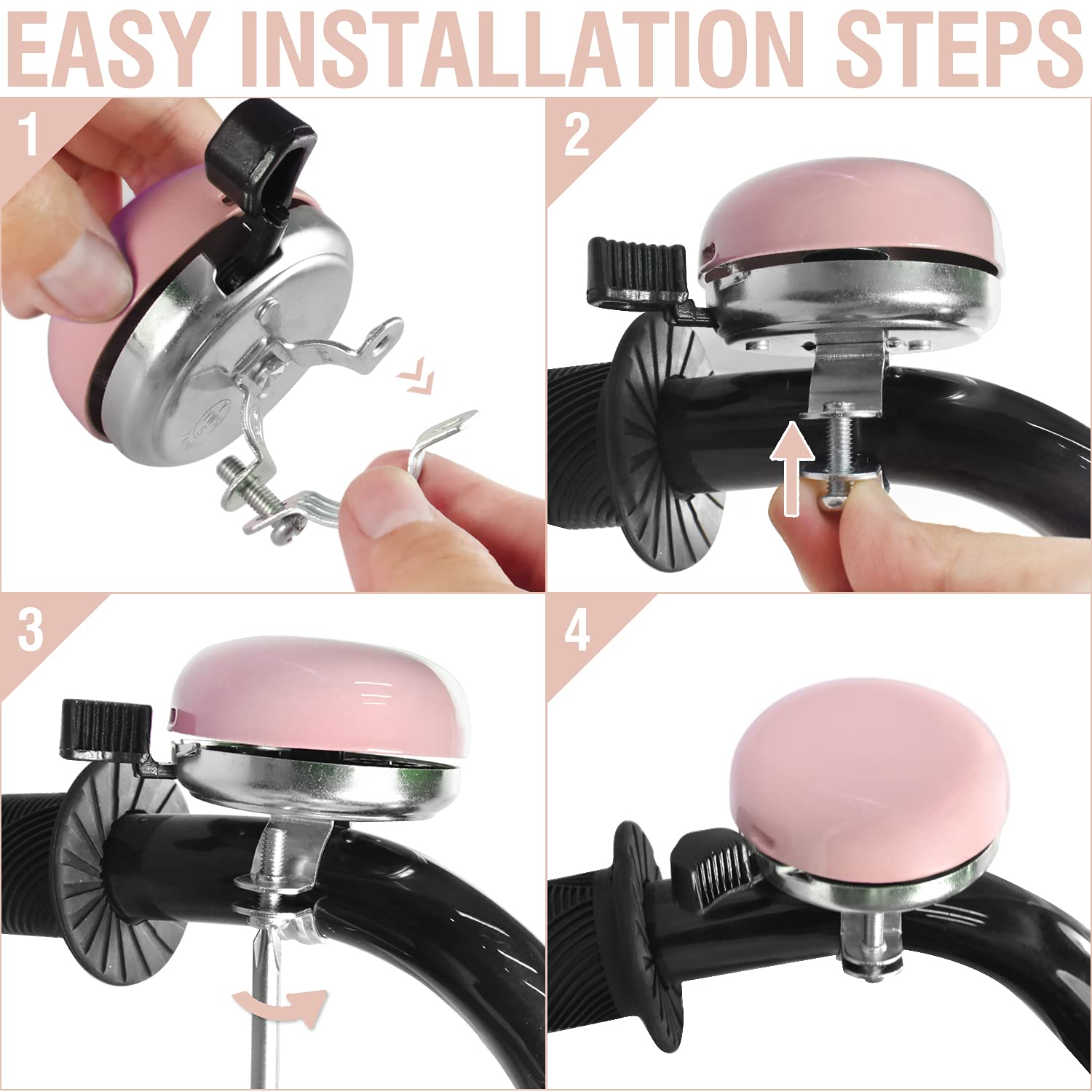 Marque Beach Cruiser Bike Bell - Classic Bicycle Bell Design For Adults And Kids With Traditional Ring Sound (Pink)