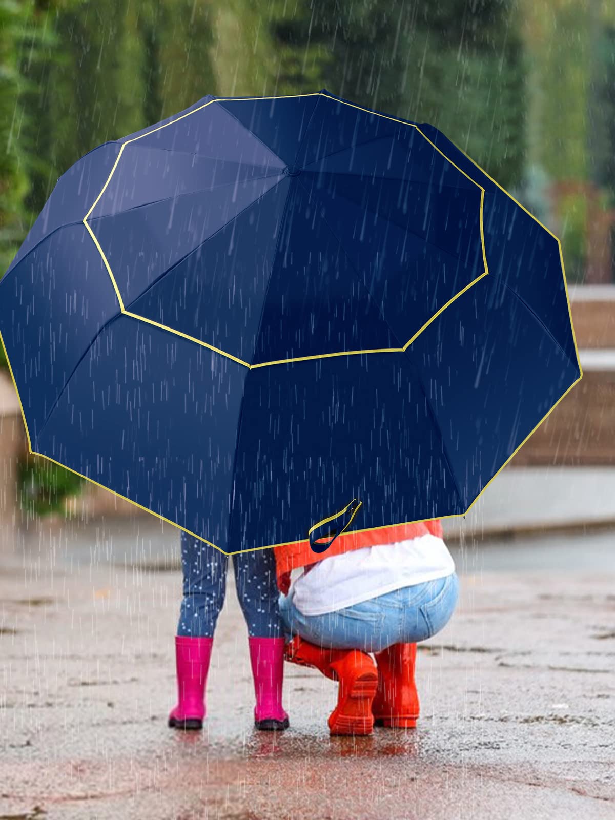 Kalolary 62 Inch Automatic Golf Umbrella Extra Large Folding Umbrella Windproof Compact Umbrella Double Canopy Umbrella Travel F
