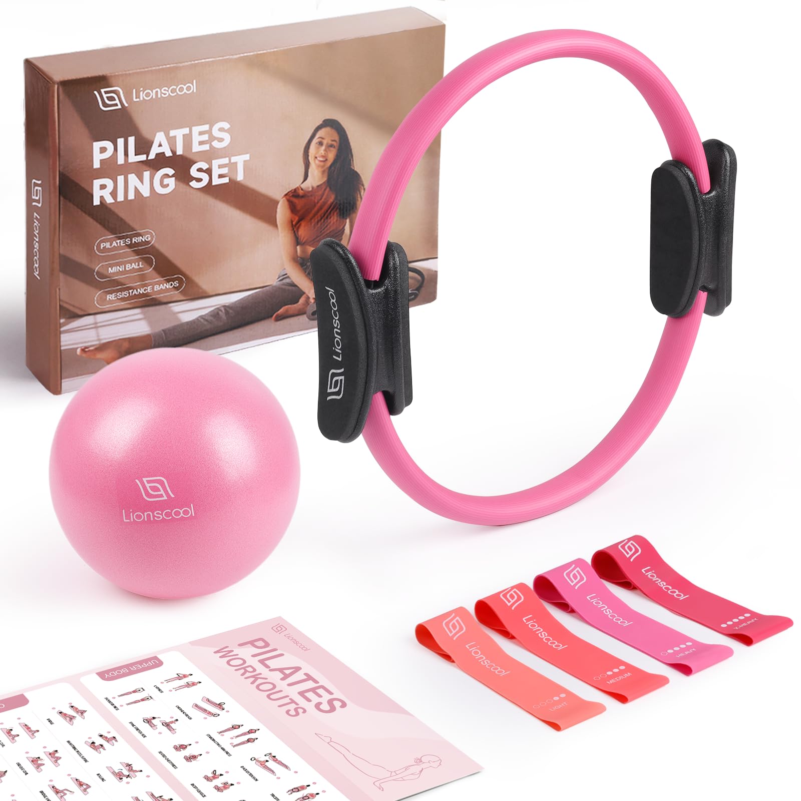LIONSCOOL Pilates Ring Set - 14 Anti-Deformation Magic Circle with Padded Handles, Mini Ball, Resistance Bands, Guide & Bag (Pin