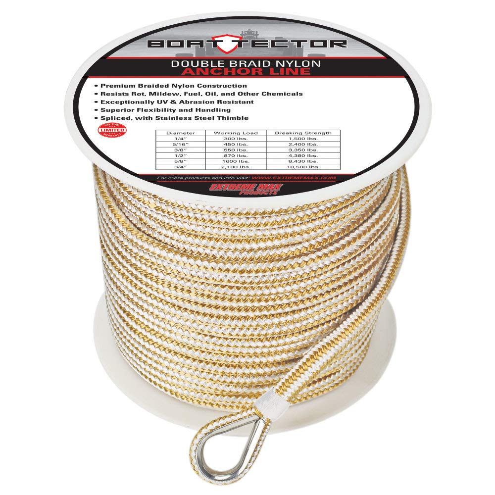 Extreme Max 3006.2255 Boattector Double Braid Nylon Anchor Line With Thimble - 3/8'' X 300', White & Gold