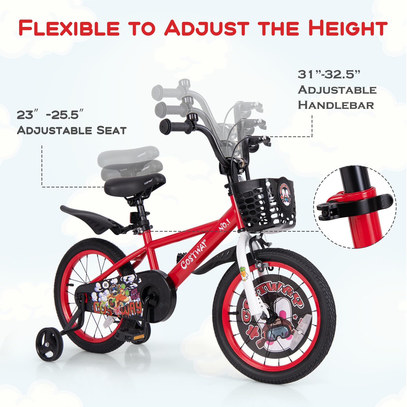 BABY JOY Kids Bike, 16 Inches Child Bike for 4-7 Years Old with Adjustable Height, Training Wheels, Storage Basket, Handbrake &