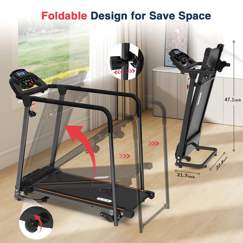 Redliro Walking Treadmill for Seniors - Foldable Senior Treadmill with 0%-2% Incline, Long Handrails - 300 lbs Capacity Home Rec