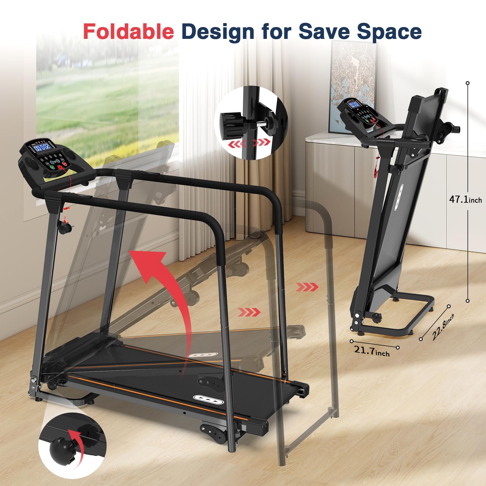 Redliro Walking Treadmill for Seniors - Foldable Senior Treadmill with 0%-2% Incline, Long Handrails - 300 lbs Capacity Home Rec