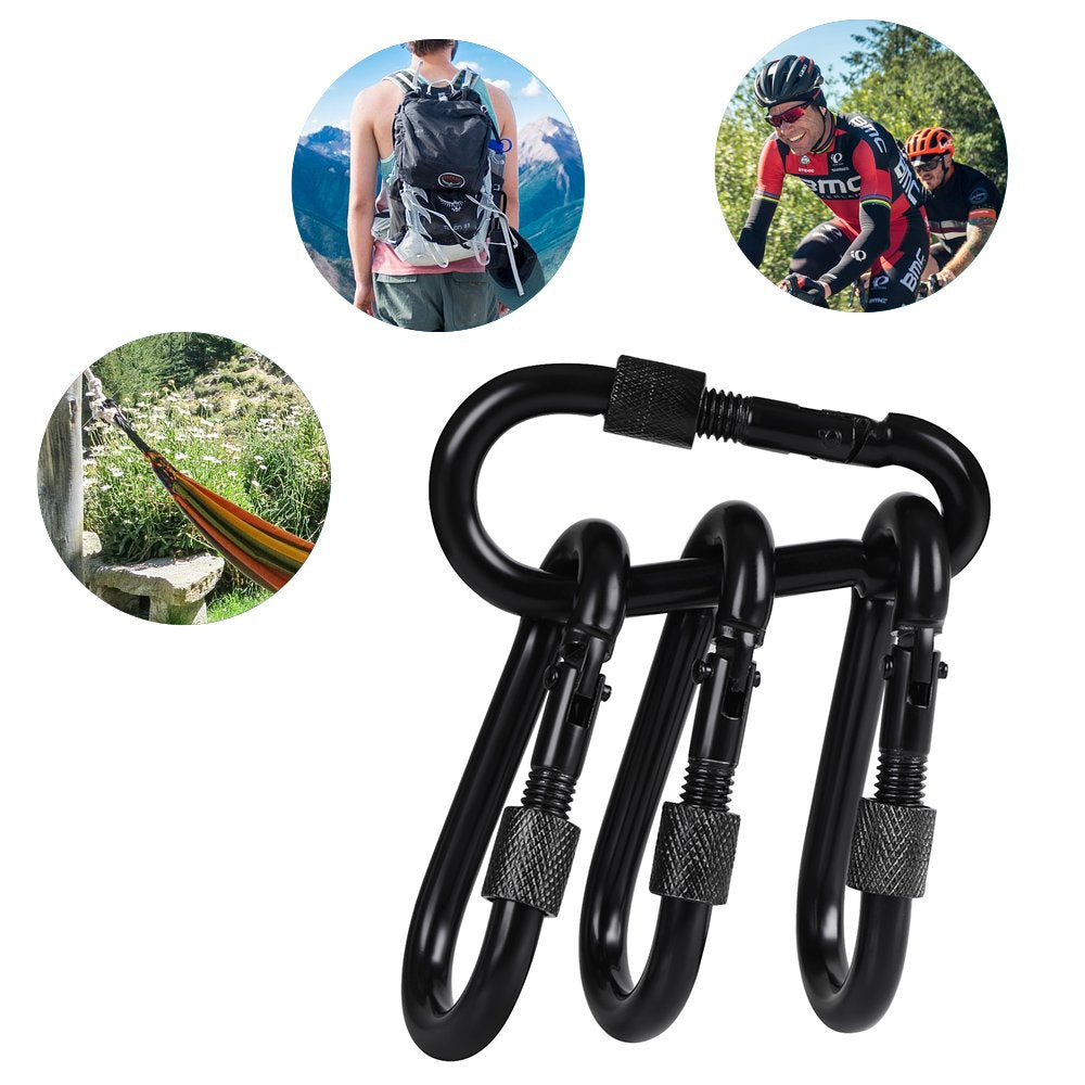 Bewishome 4 Pack Carabiner Solid Metal D Clips Black Carabiner With Heavy Duty 500Lbs Screw Gate Multifunctional Hammock Locking