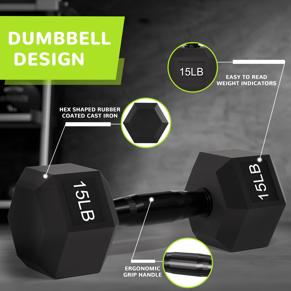 Fitvids Rubber Encased Exercise & Fitness Hex Dumbbell, Hand Weights With Anti-Slip Metal Handle For Home Gym, Multiple Sizes, 1