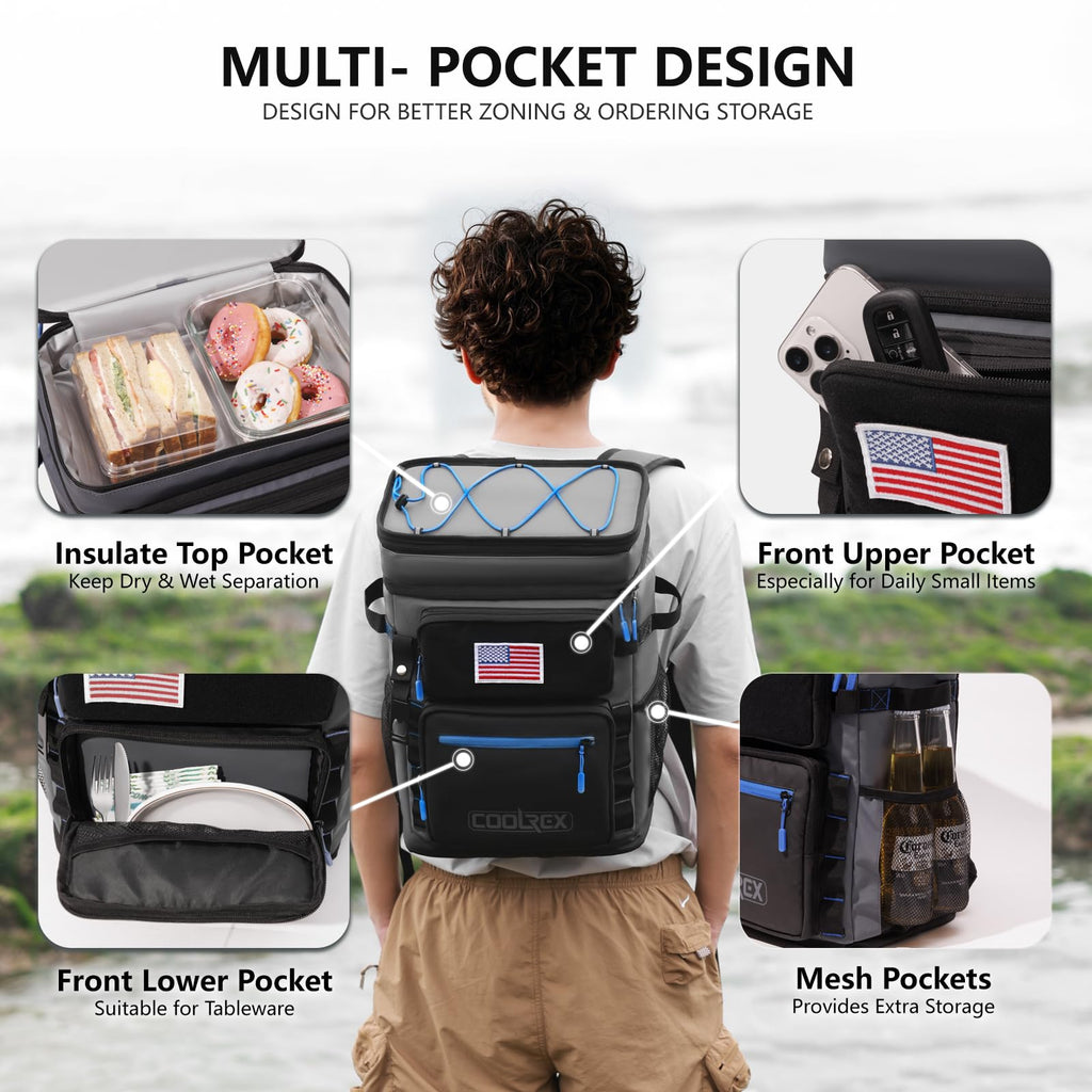 Coolrex Large Backpack Cooler 36 Can Cooler Backpack With 2 Insulated Compartments Leak Proof Waterproof Travel Backpack, Campin