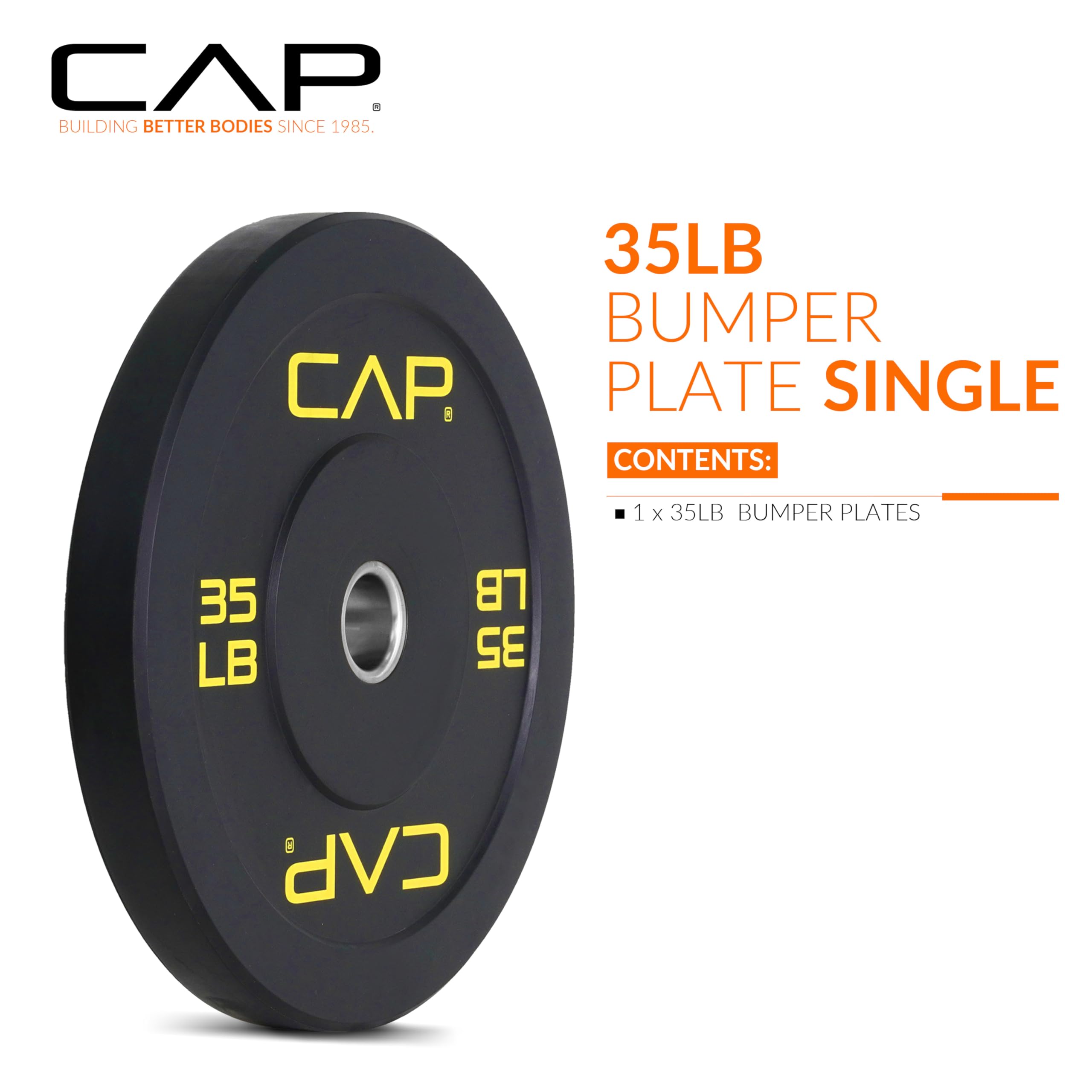 Cap Barbell Budget Olympic Bumper Plate With Yellow Logo, Black, 35 Lb Single