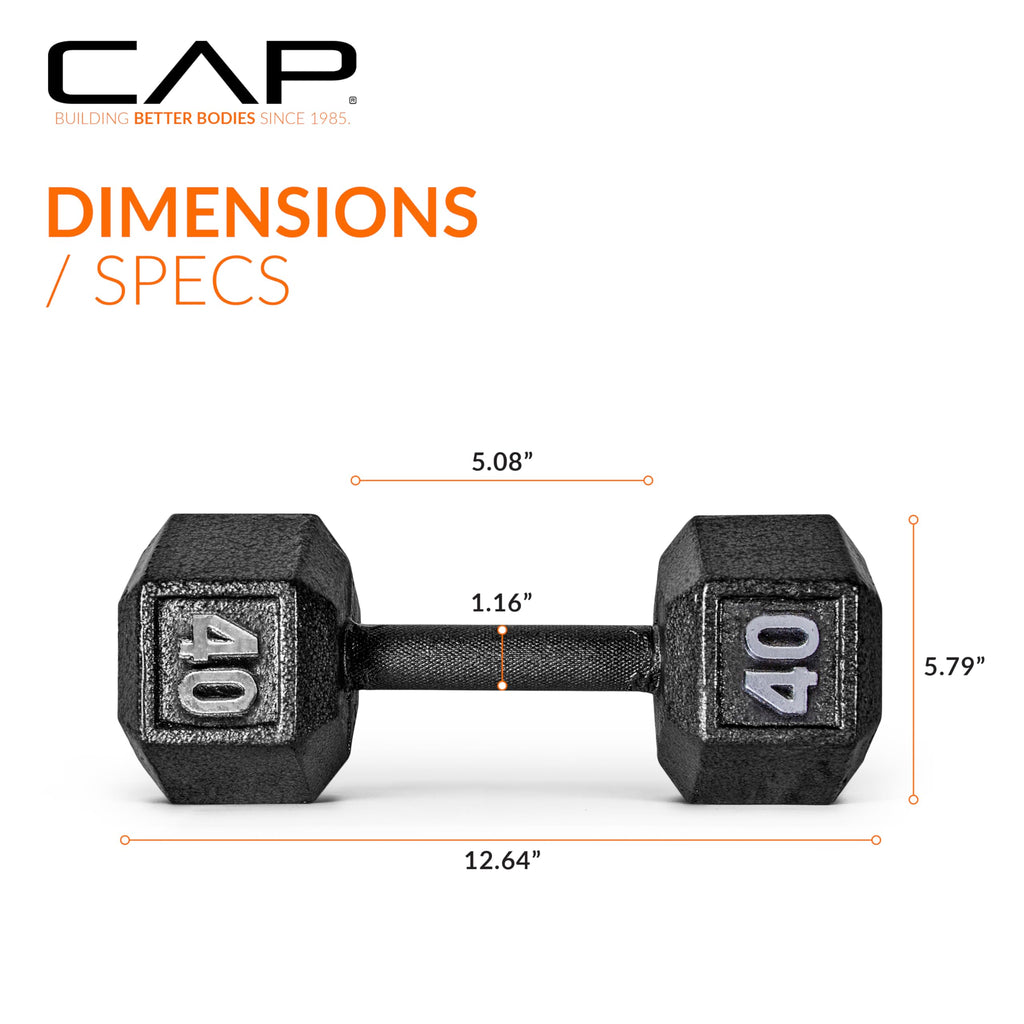 CAP Barbell 40 LB Cast Iron Hex Dumbbell Hand Weight - Pair | Black