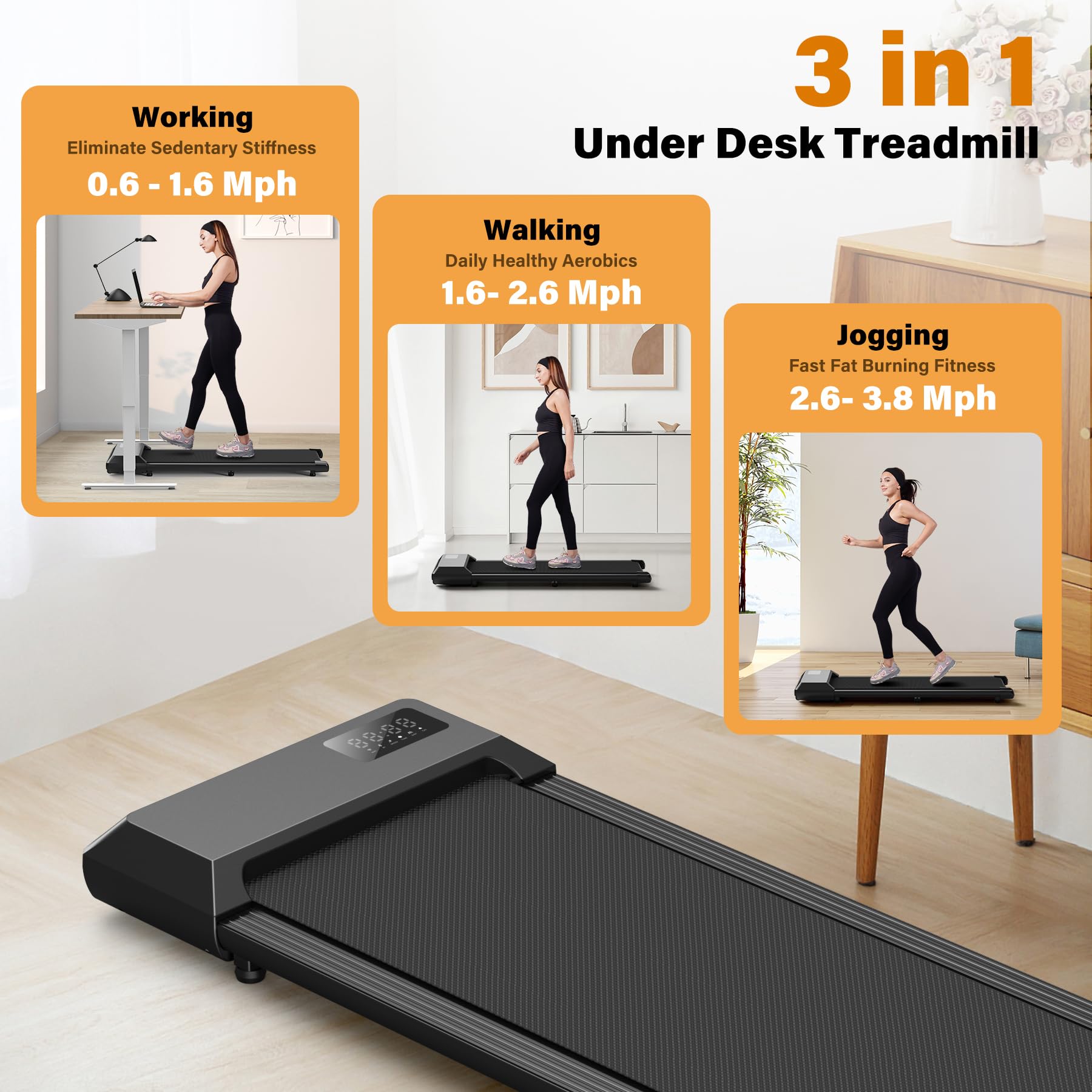 Superun Walking Pad, Under Desk Treadmill, 2.5 Hp Quiet Walking Jogging Machine For Office Home Use, 3 In 1 Portable Treadmill W