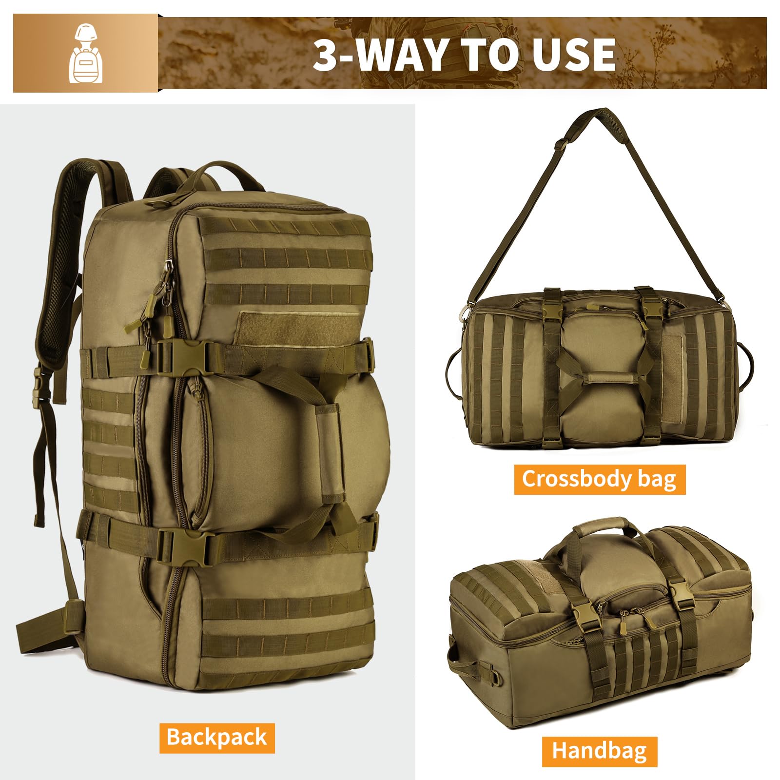 Huntvp 60L Tactical Military Backpack Gear Sport Outdoor Assault Pack Rucksack Bag For Hunting Camping Trekking Travel,Brown