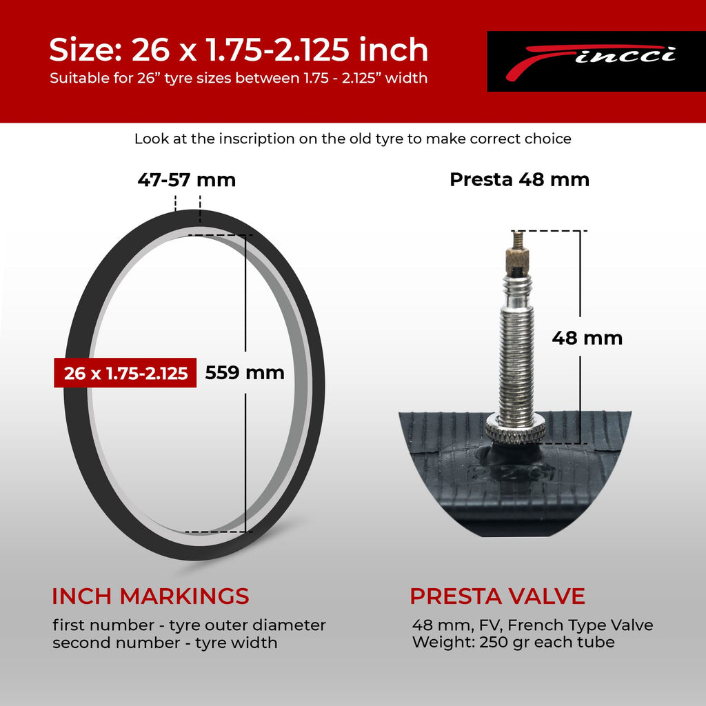 Fincci Pair Bike Inner Tube 26 X 175-2125 Inch 48Mm Presta Valve Inner Tubes For Mountain Mtb Bicycle - Compatible Sizes: 175185