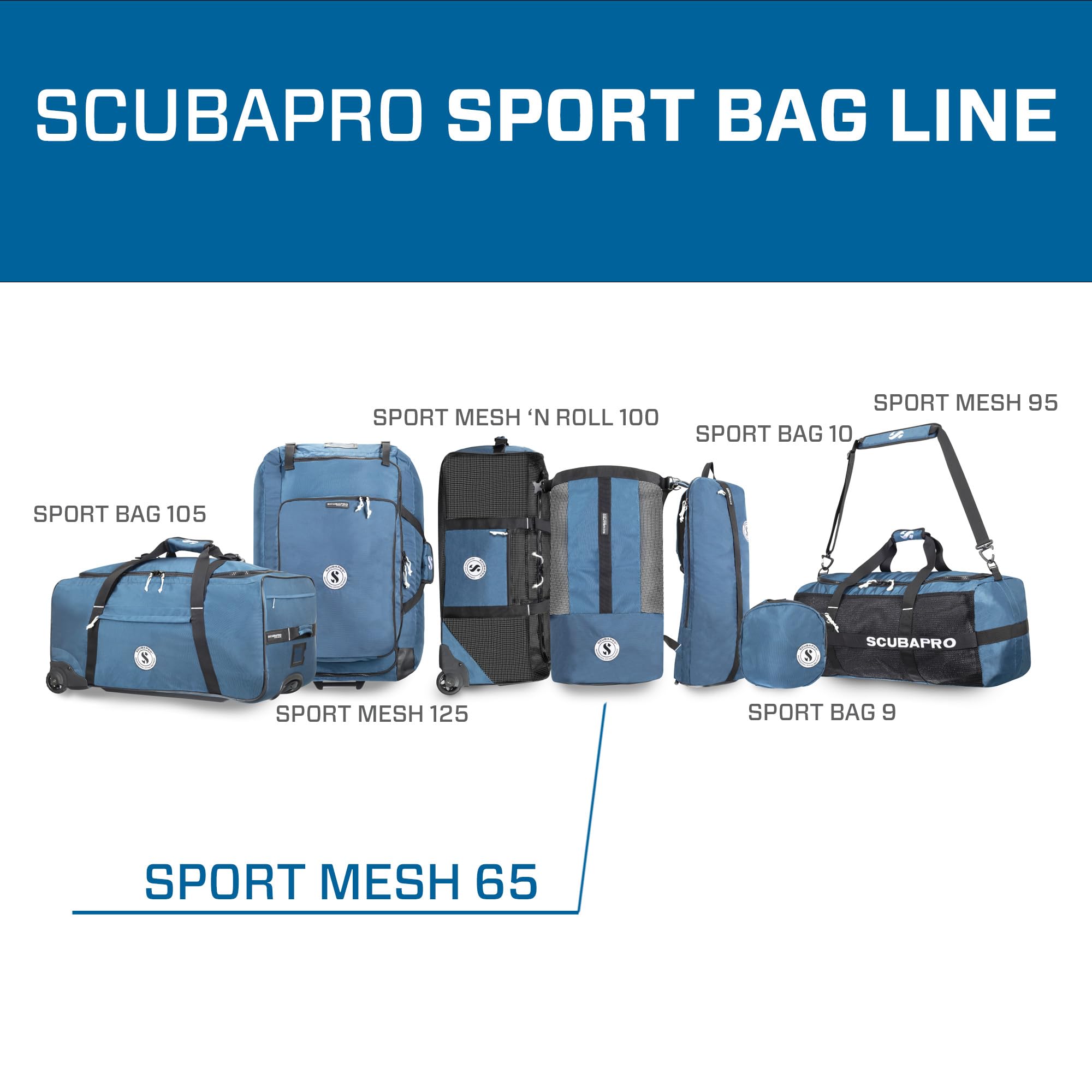 SCUBAPRO Sport 65 Mesh Dive Bag with Roll Top Closure and Side Zipper for Snorkeling and Scuba Diving Gear, Denim Blue Color Fab