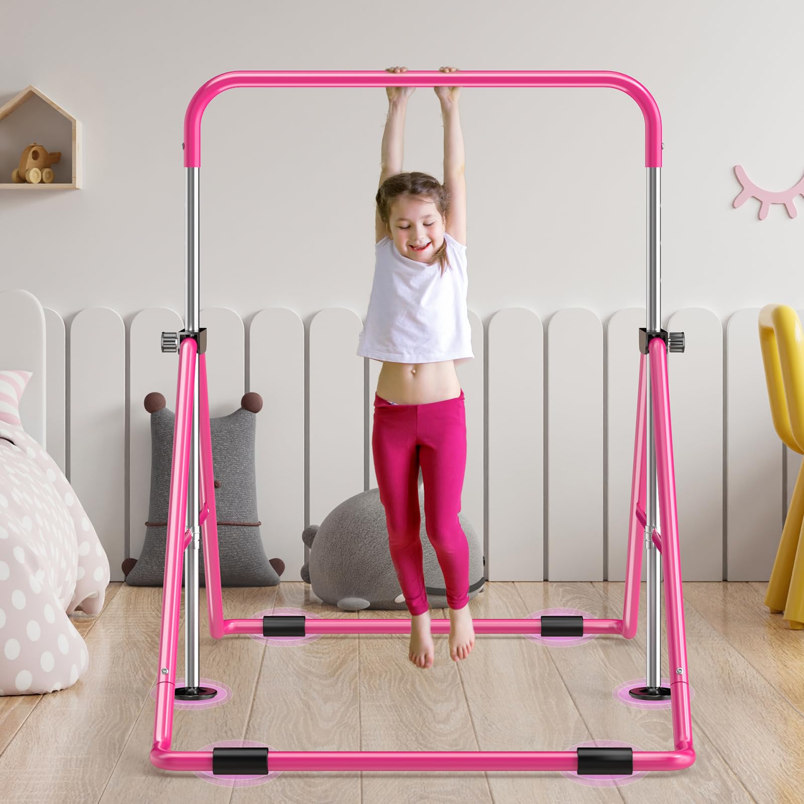 Safly Fun Expandable Gymnastics Bars Junior Training Bar Gymnastic Folding Horizontal Bars With Mat For Kids(Pink+Mat)