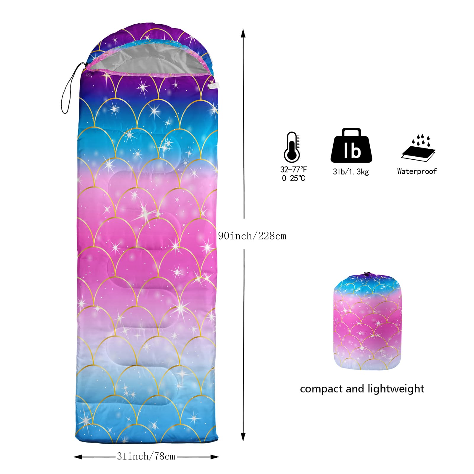 Axolotl Mermaid Scales Sleeping Bag For Kids Girls-Lightweight Warm Cold Weather Hike More Worry Less Sleeping Bag For Traveling