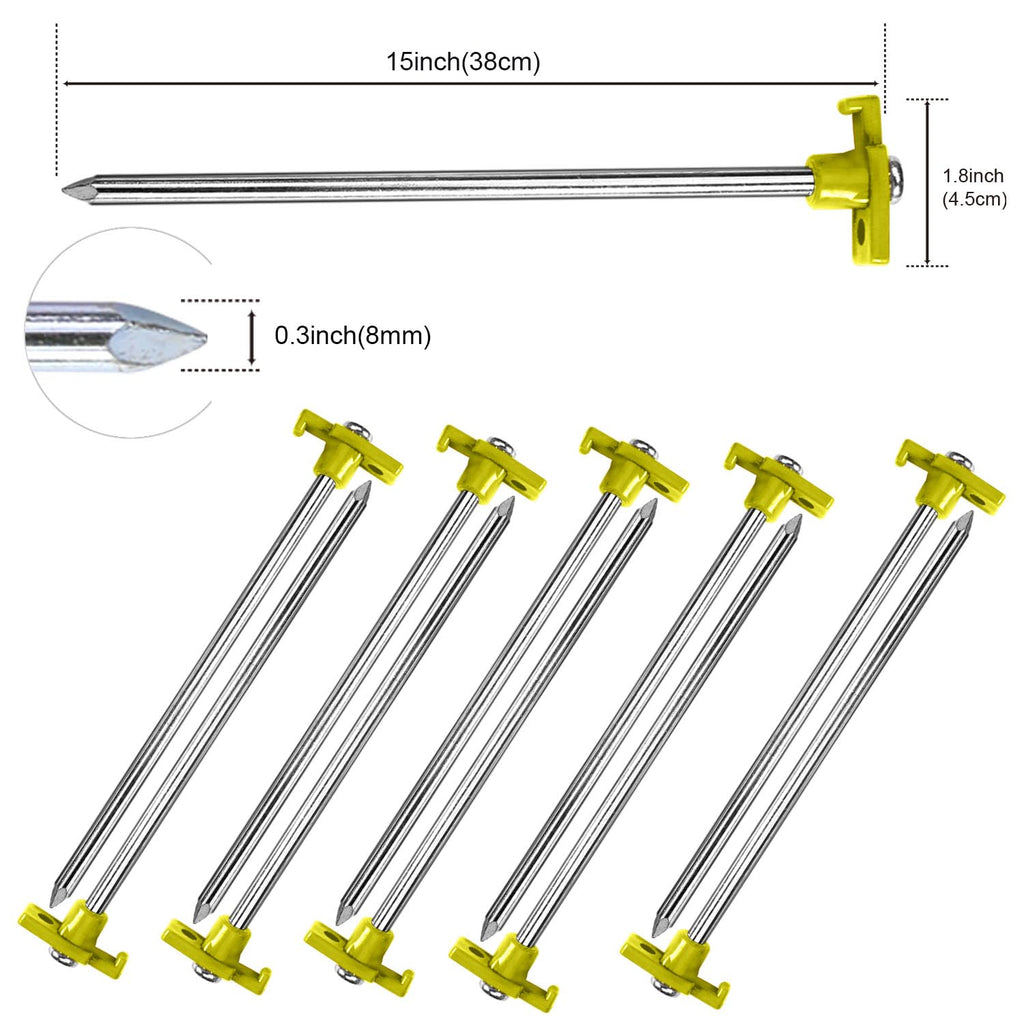 Abccanopy 15 Inch Tent Stakes 10 Pcs Non-Rust Metal Ground Anchors, Heavy Duty Spikes With 4 Ropes For Outdoor Camping, Yellow