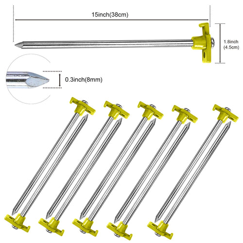 Abccanopy 15 Inch Tent Stakes 10 Pcs Non-Rust Metal Ground Anchors, Heavy Duty Spikes With 4 Ropes For Outdoor Camping, Yellow