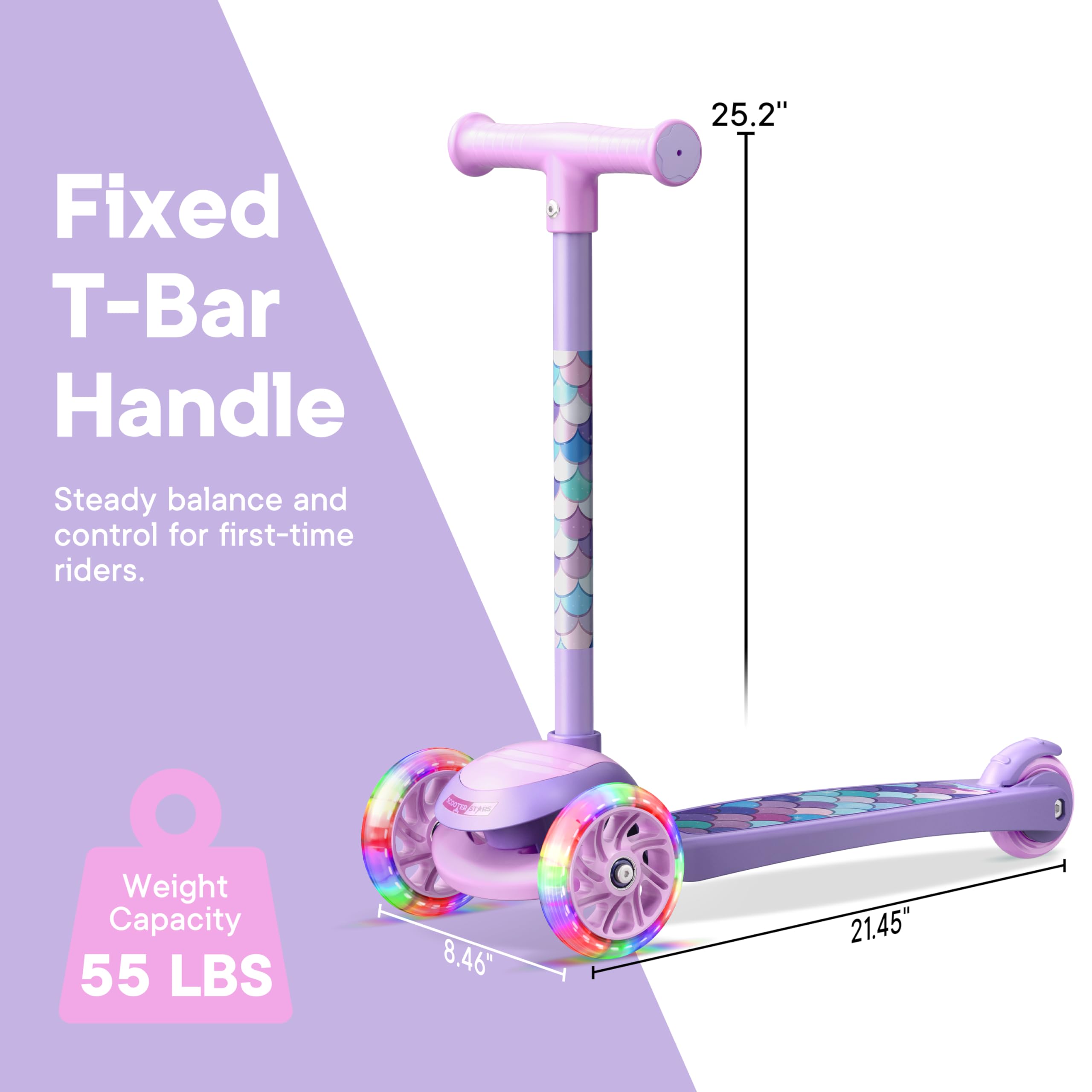 3 Wheel Scooter for Kids, Smooth Light Up LED Front Wheels, Wide Anti Slip Deck, Rear Foot Brake, Easy Lean to Steer Maneuvering