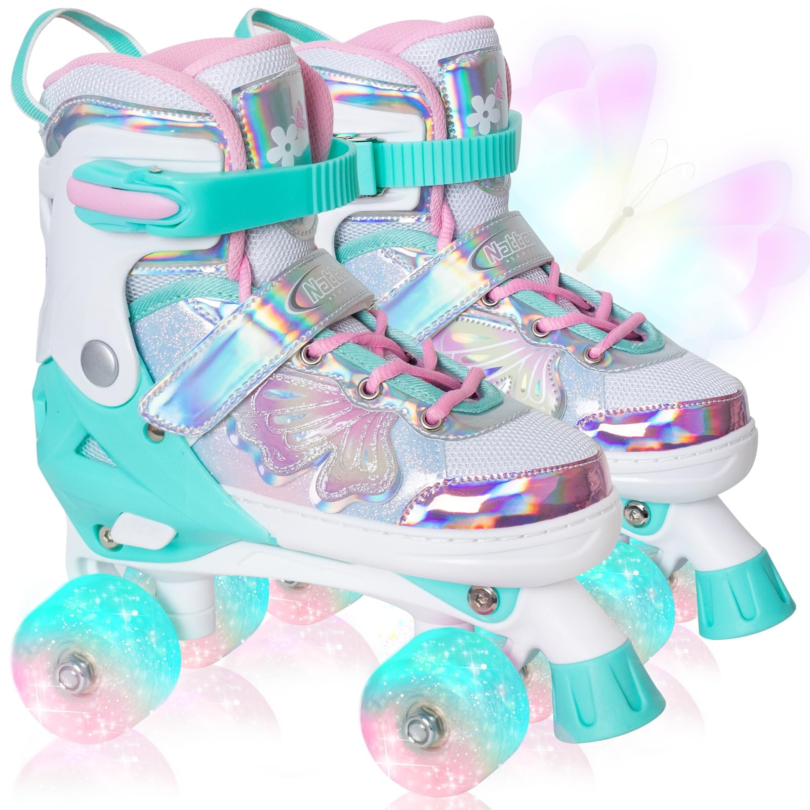 Kids Roller Skates For Girls Boys - Teal For Teenagers Youth Age 10 11 12 - Adjustable All Light Up Wheels Butterfly And Flower