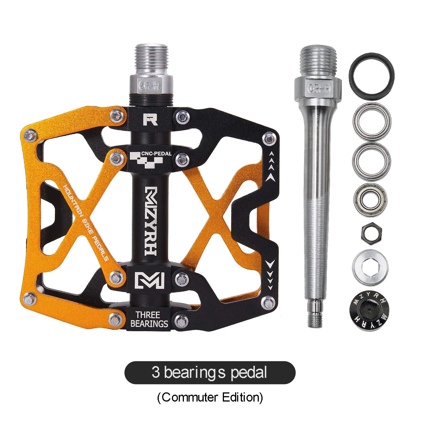Mzyrh Mountain Bike Pedals, Ultra Strong Colorful Cnc Machined 9/16'' Cycling Sealed 3 Bearing Pedals (Black Black Glod 3 Bearin