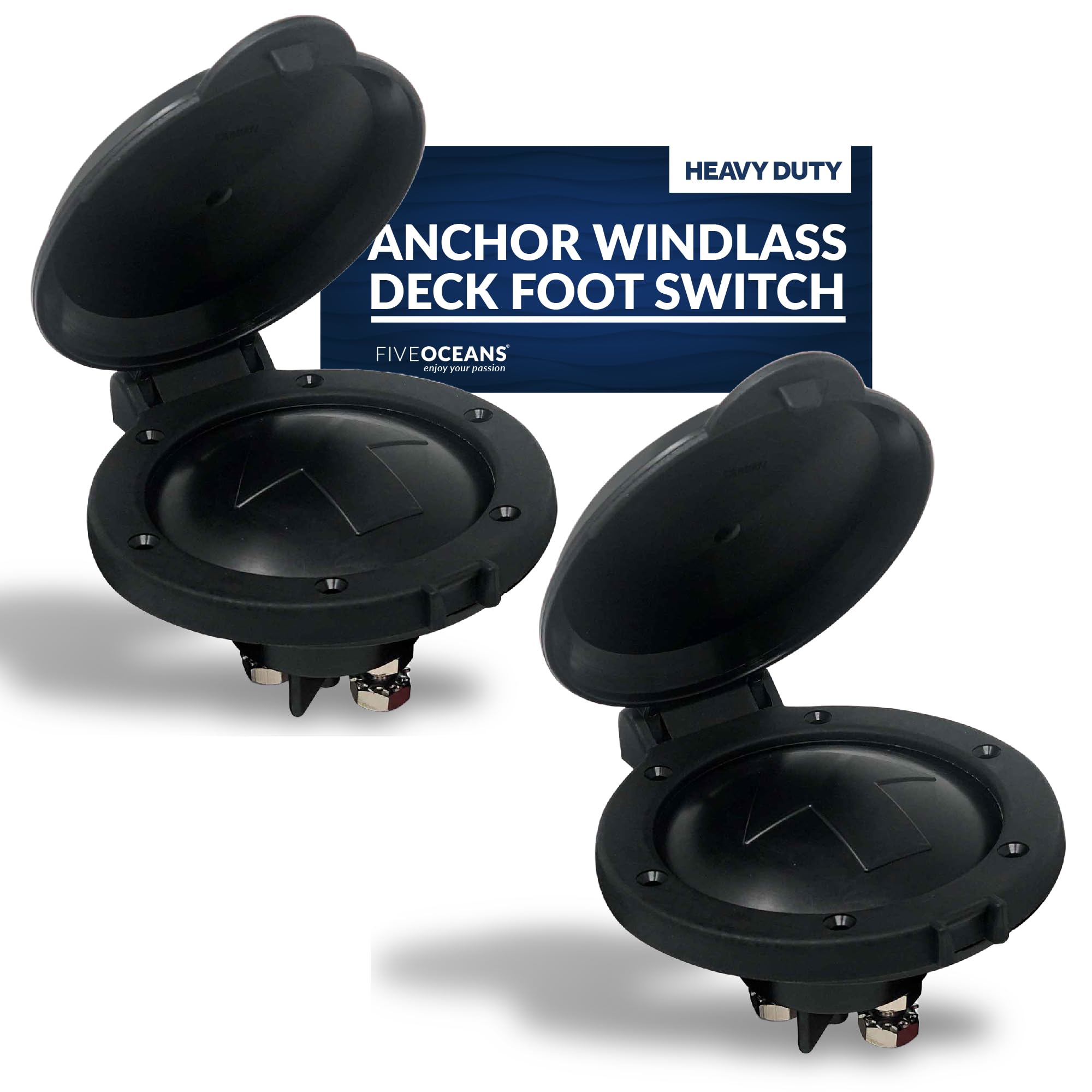 Five Oceans Anchor Windlass Up/Down Deck Foot Switch, Heavy Duty Uv-Stabilized Black Plastic Hinged Cover, 12-Volts, 4-Inch Diam