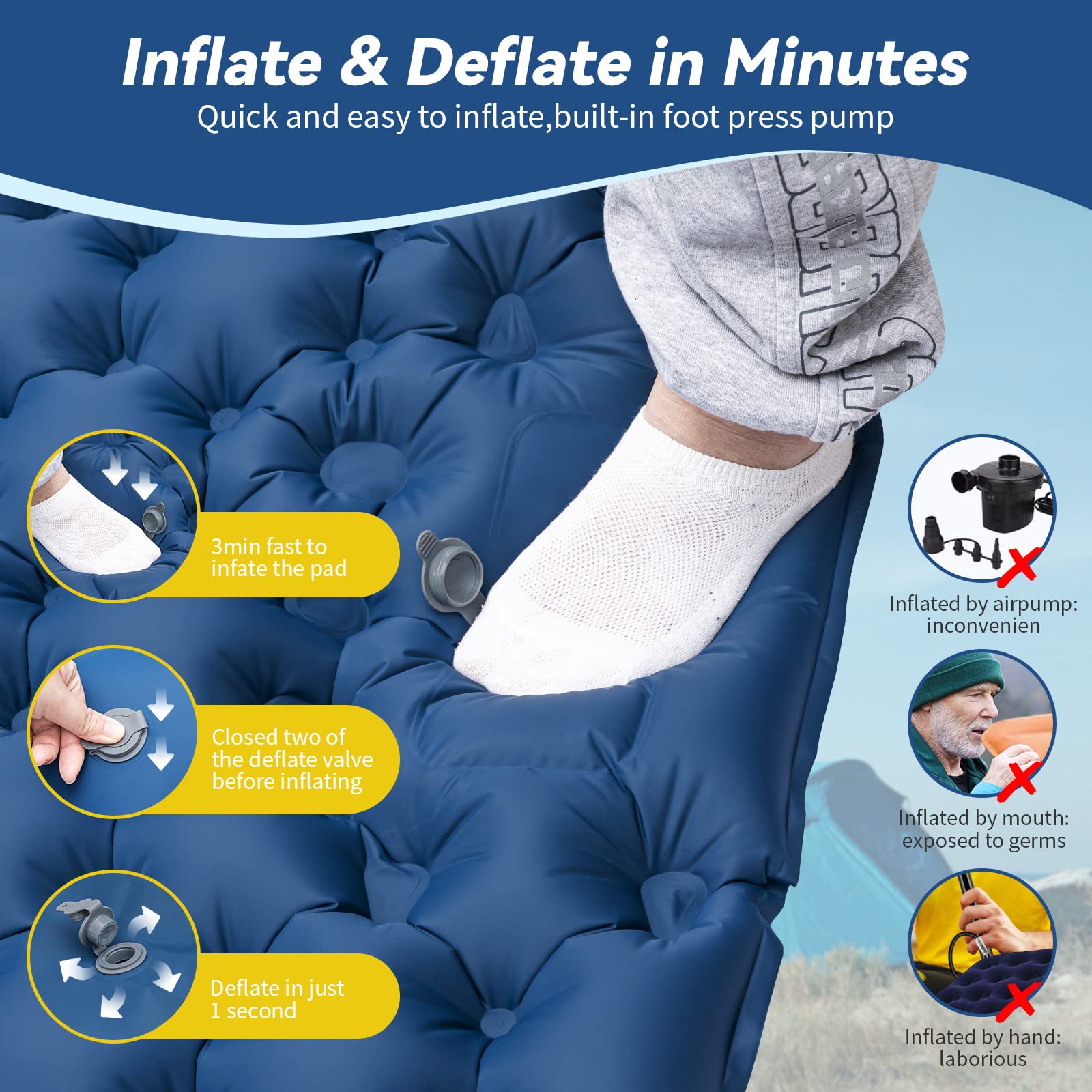 Hiipeak Double Sleeping Pad For Camping With Foot Pump & Pillow, Self Inflating Sleeping Mat For 2 Person, Ultralight Portable S