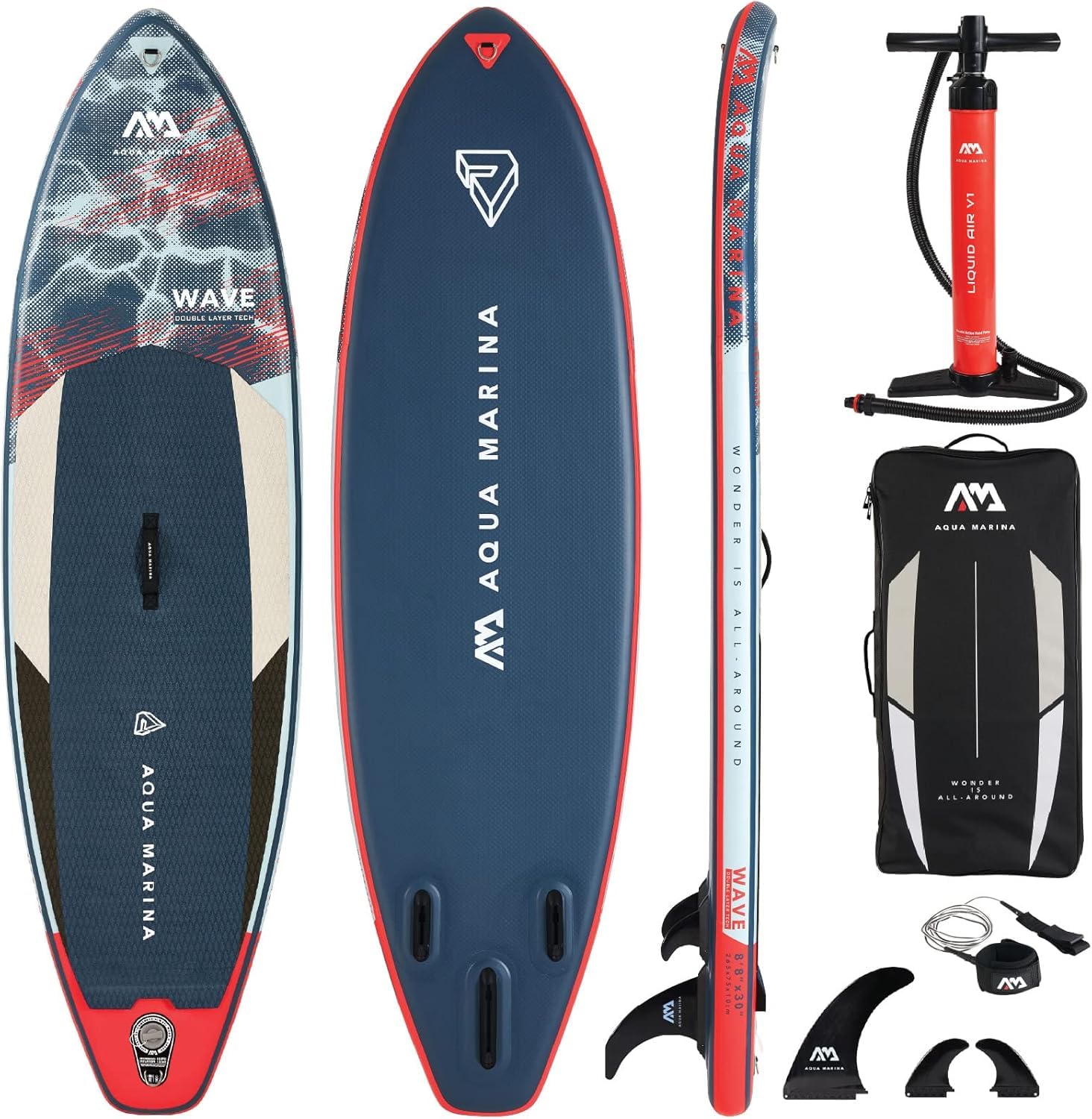 Aqua Marina Wave Surf, Inflatable Stand Up Paddle Board (iSUP) Package, 264 cm Length, Navy Blue, 2022