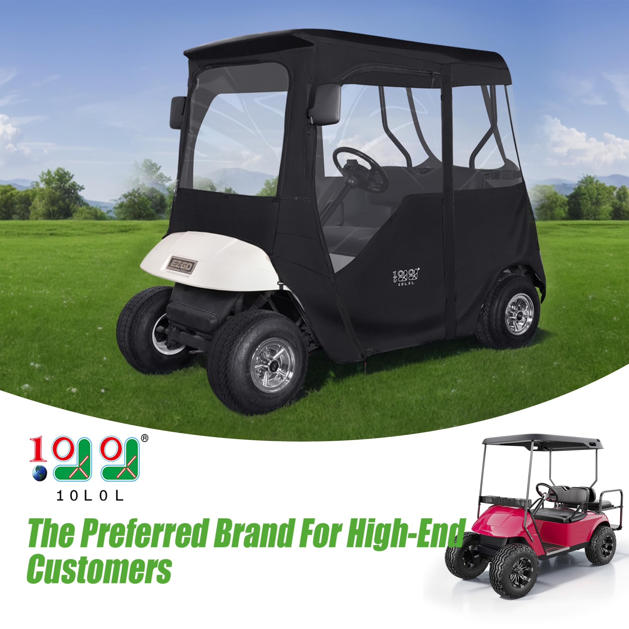 10L0L Golf Cart Enclosure 600D For 2 Passenger Universal Ezgo Txt/Rxv, With 2 Door Zippers, Security Side Mirror Openings, Taill