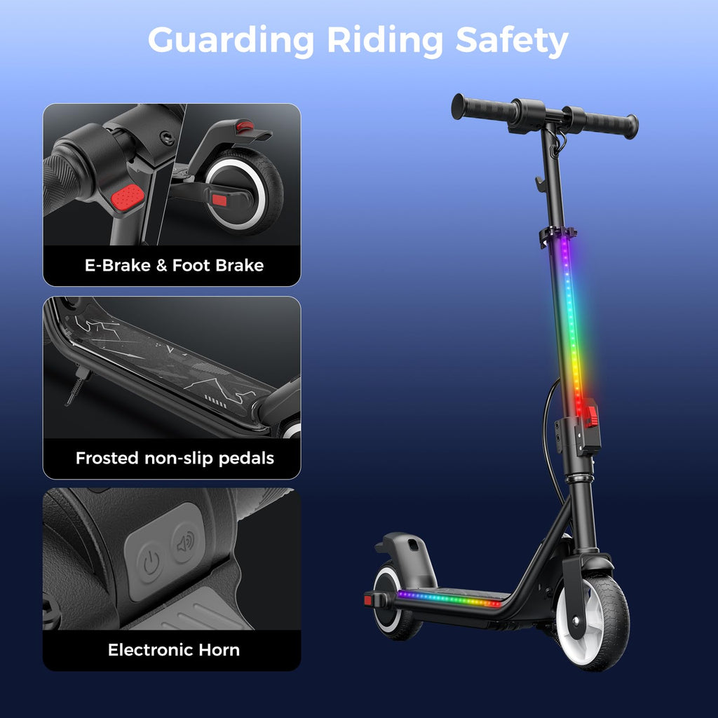 Electric Scooter for Kids, 200W Motor, Smart Display, 3 Safe Speeds (5/8/12 MPH), Colorful Lights, Foldable & Bluetooth, Dual Br
