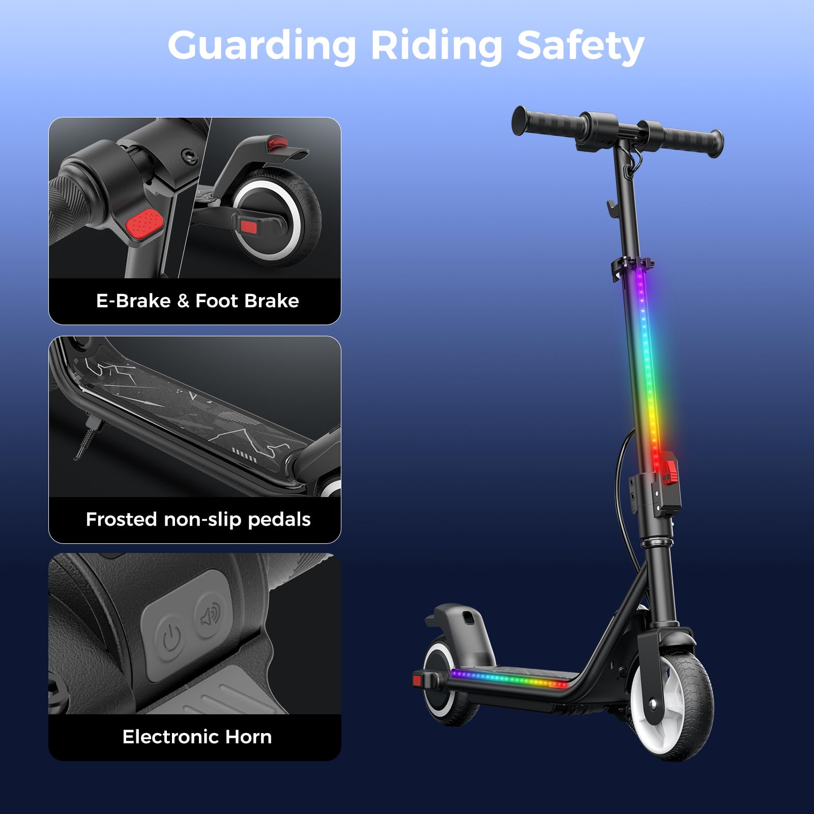 Electric Scooter for Kids, 200W Motor, Smart Display, 3 Safe Speeds (5/8/12 MPH), Colorful Lights, Foldable & Bluetooth, Dual Br