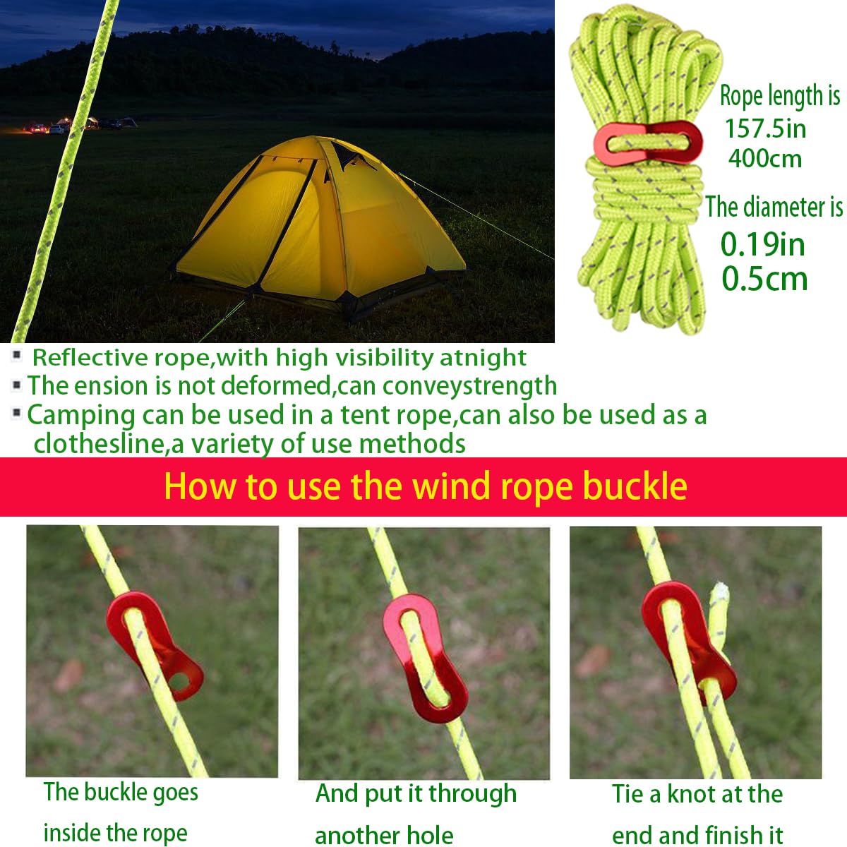 Tent Pile, 9.8 ''Heavy-Duty Luminous Canopy Camping Pop-Up Tent Pile, Rope Adjuster Storage Bag, Heavy-Duty Metal Pile For Garde