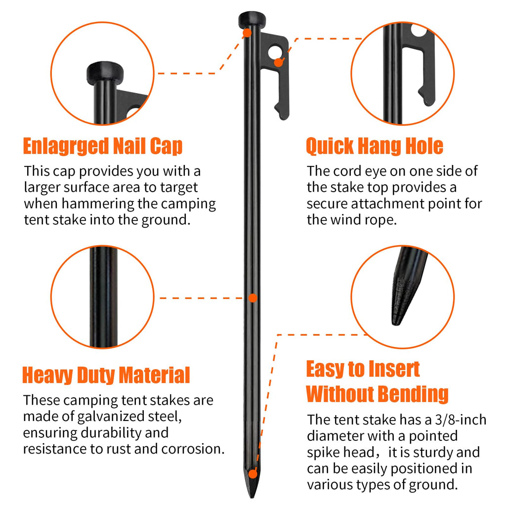 Eurmax Usa 12 Inch Multiuse Heavy Duty Steel Tent Stakes Tarp Pegs Camping Stakes For Outdoor Camping Canopy And Tarp With 4 Rop