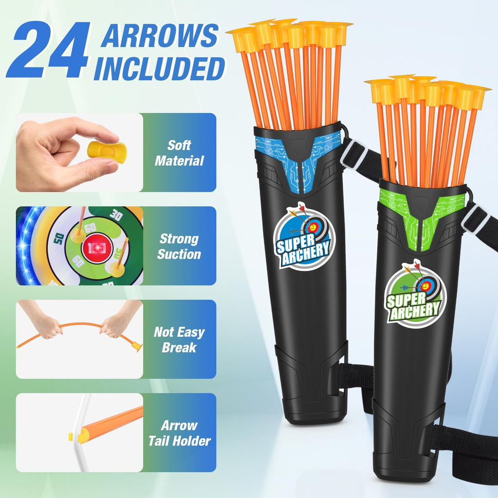HYES 2 Pack Kids Bow and Arrow, LED Light Up Archery Set with 24 Suction Cup Arrows, Indoor Outdoor Sport Dinosaur Toys Gifts fo
