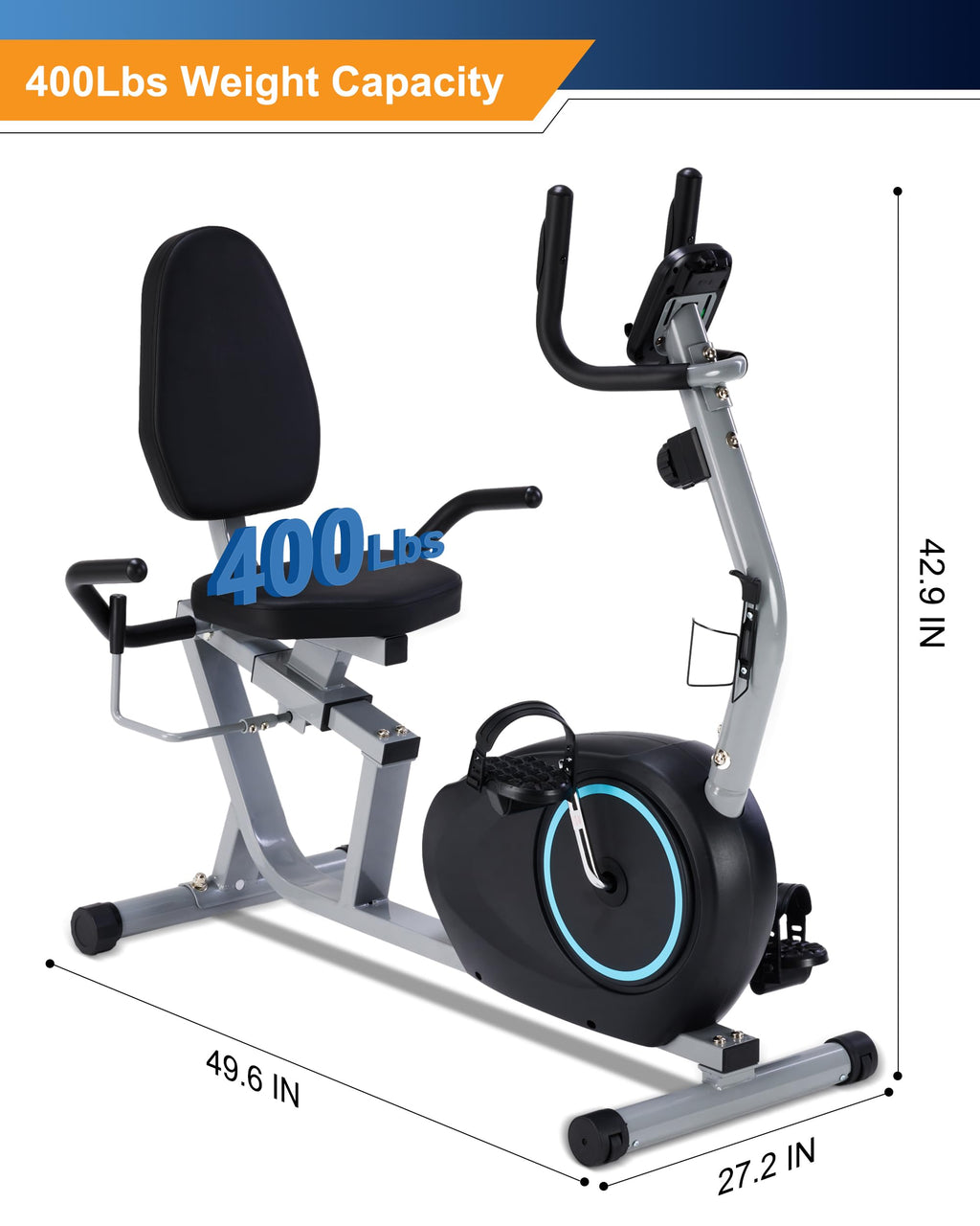 Recumbent Exercise Bike For Seniors - 400Lb Weight Capacity Recumbent Bikes With Comfortable Seat, Pulse Sensor, 16-Level Resist