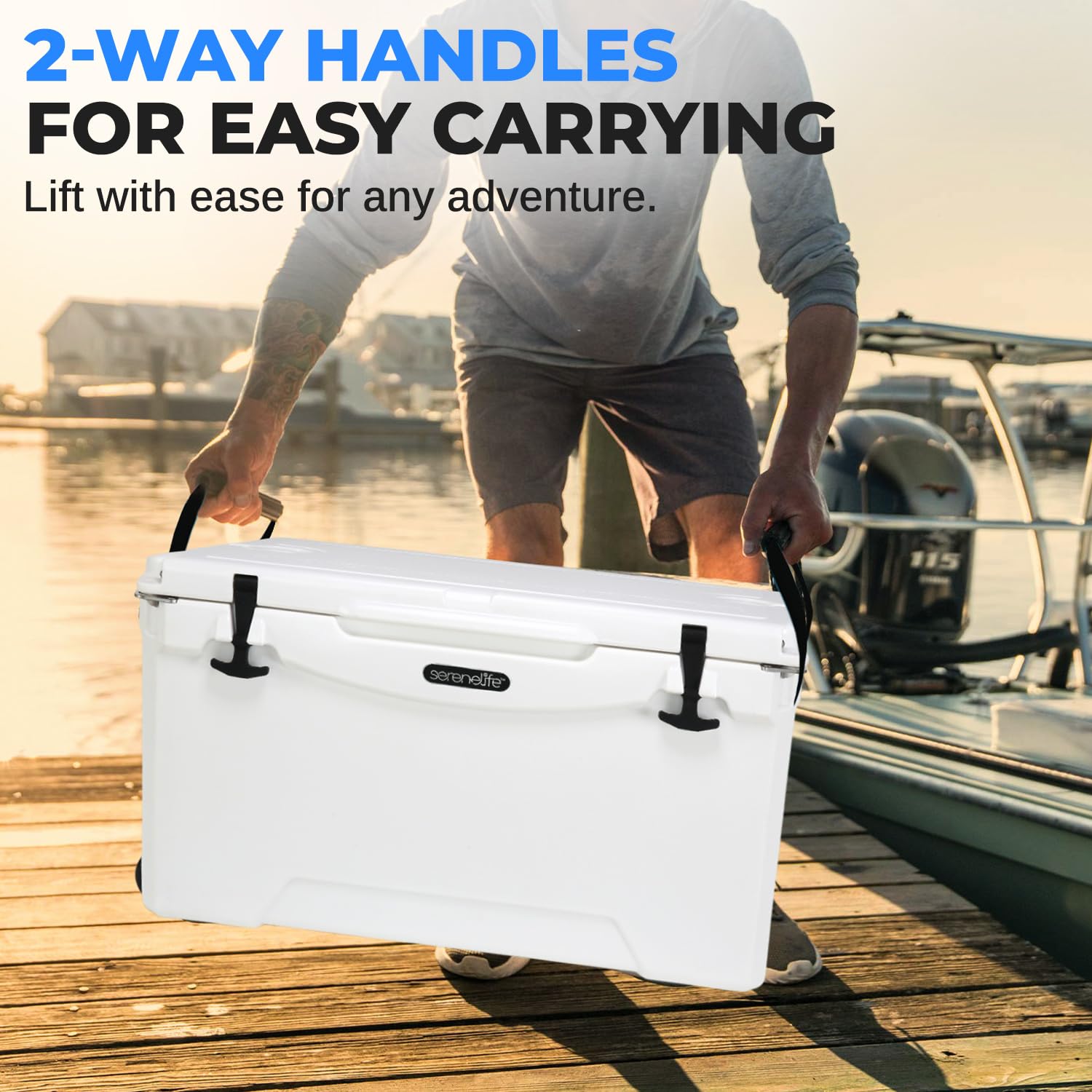 Serenelife 50 Quart Portable Cooler Box - Lightweight Heavy-Duty Travel Ice Cooler With 2-Way Handles, Drain - 5 Days Ice Retent