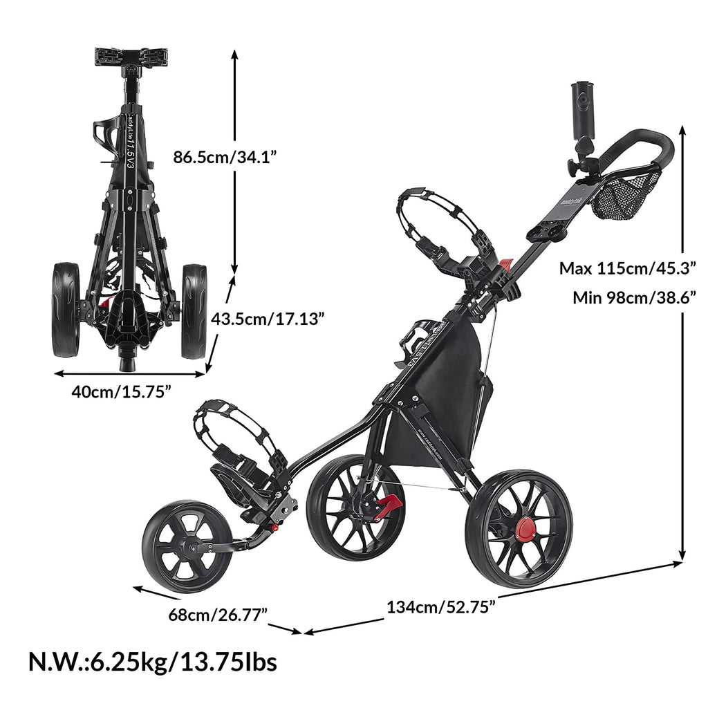 Caddytek Caddylite 115 V3 3 Wheel Golf Push Cart - Superlite Deluxe, Lightweight, Easy To Fold Caddy Cart Pushcart, Black