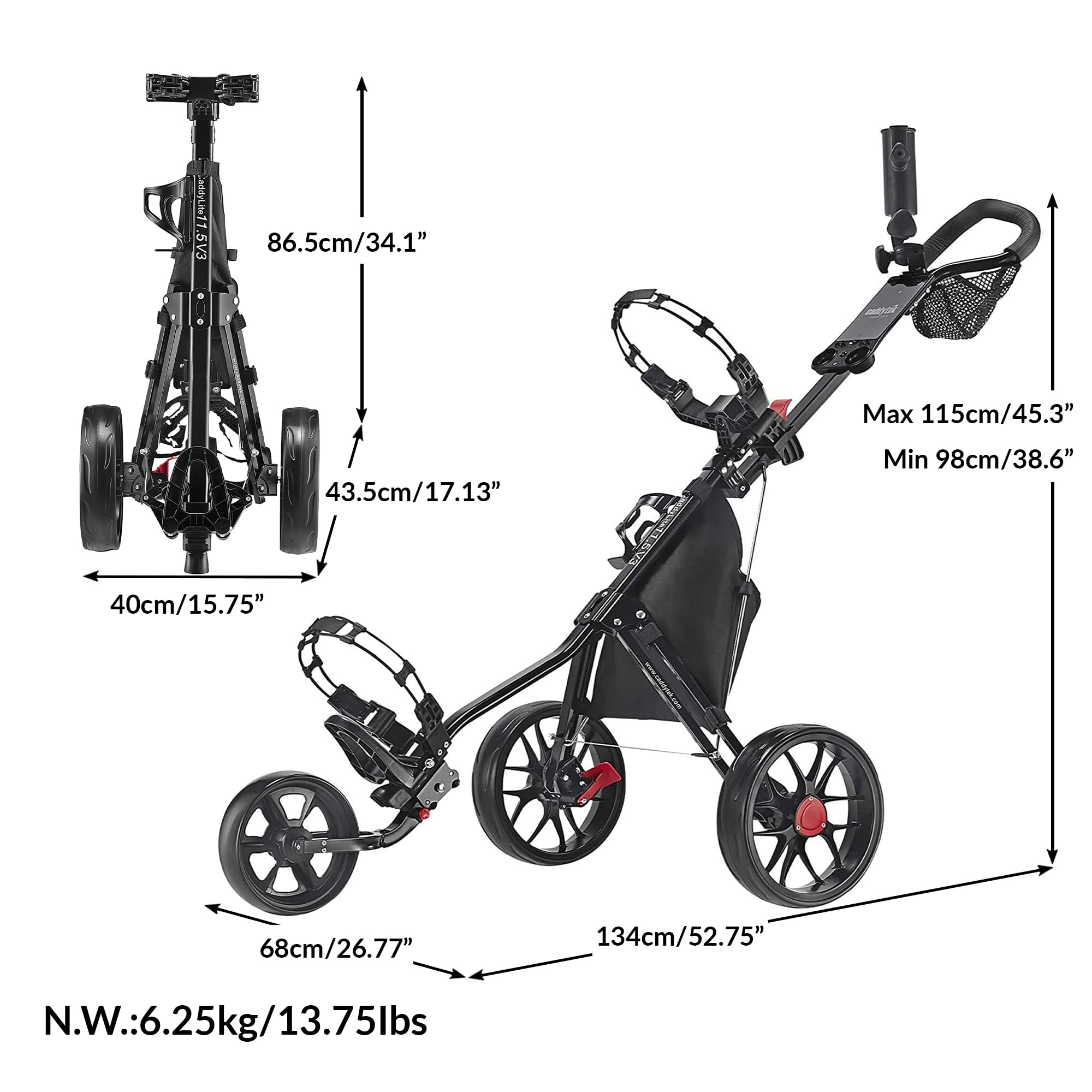 Caddytek Caddylite 115 V3 3 Wheel Golf Push Cart - Superlite Deluxe, Lightweight, Easy To Fold Caddy Cart Pushcart, Black