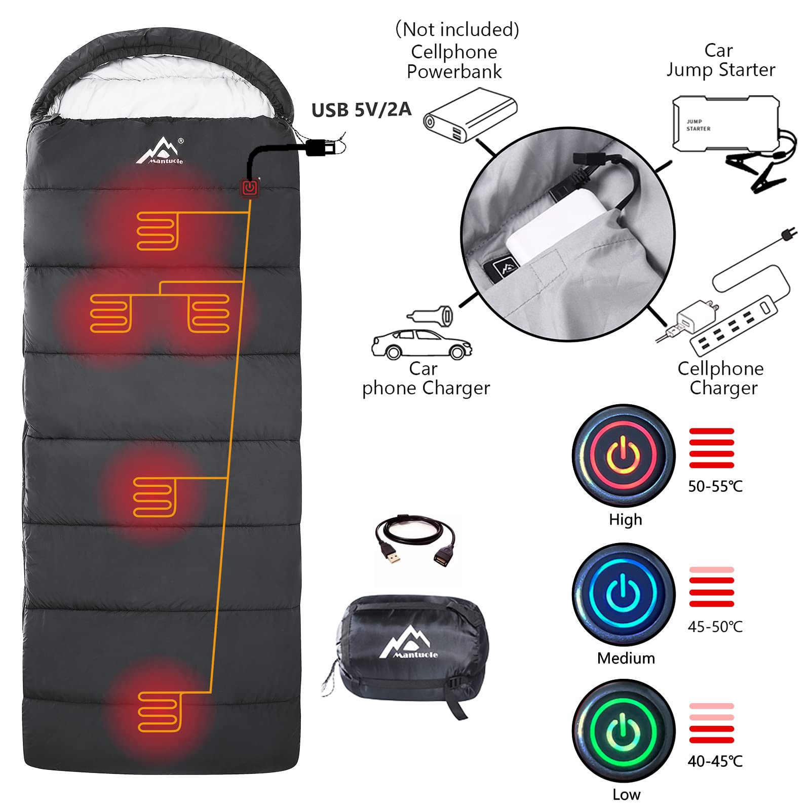 Mantuole Rectangular Heated Sleeping Bag Envelope Style 5Pcs Multi Usb Power Support Heating Pads, Operated With Battery Power B