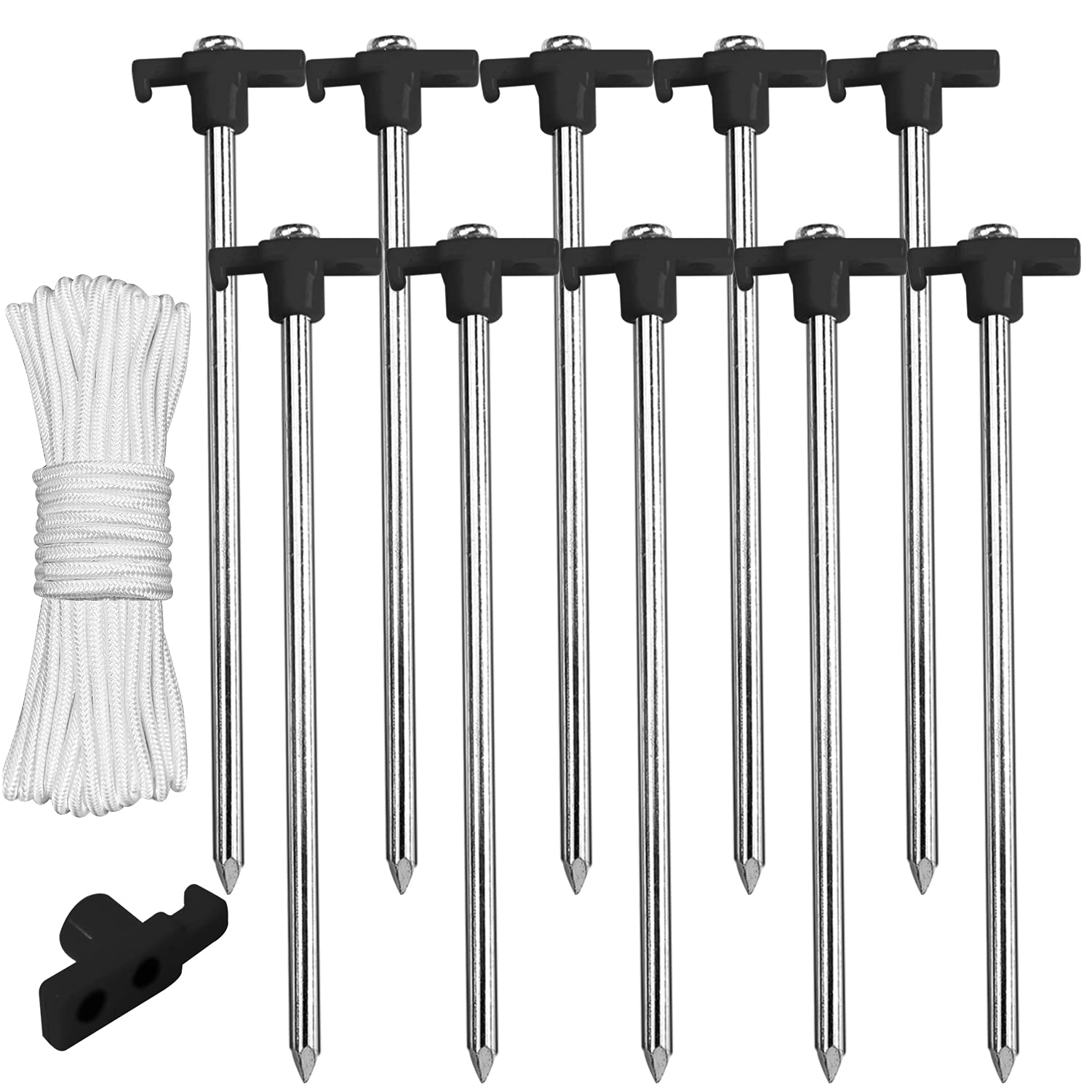 Abccanopy 11 Inch Tent Stakes 10 Pcs Non-Rust Metal Ground Anchors, Heavy Duty Spikes With 4 Ropes For Outdoor Camping, Black
