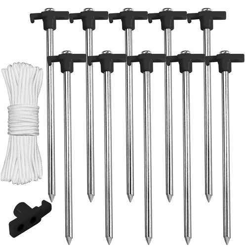 Abccanopy 8 Inch Tent Stakes 10 Pcs Non-Rust Metal Ground Anchors, Heavy Duty Spikes With 4 Ropes For Outdoor Camping, Black