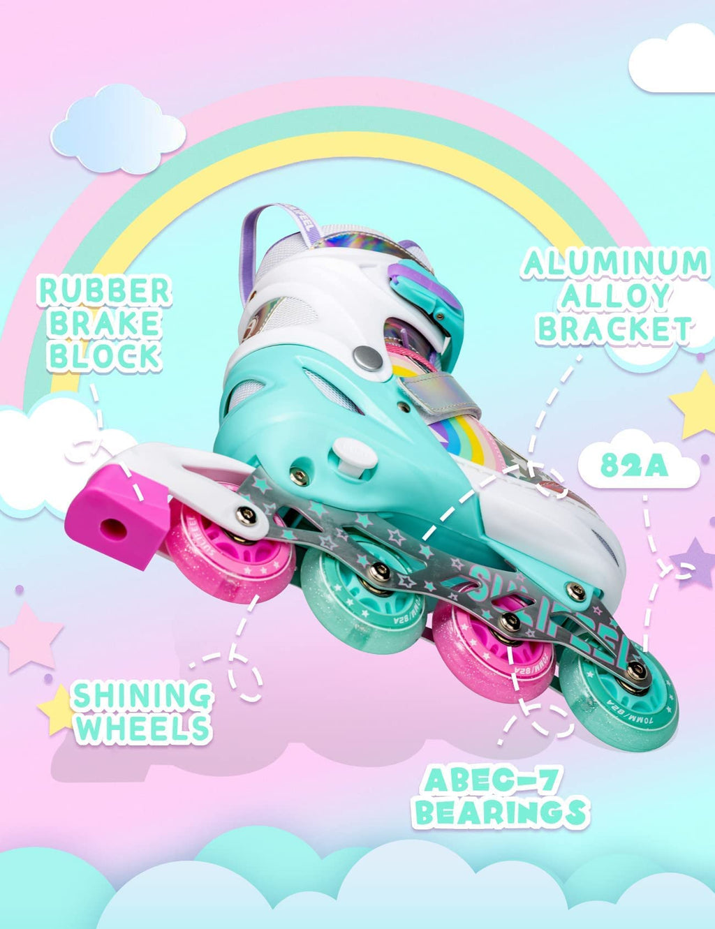 Sulifeel Rainbow Unicorn Inline Skates For Girls Boys 4 Size Adjustable Light Up Wheels Roller Blades For Kids Beginner Medium