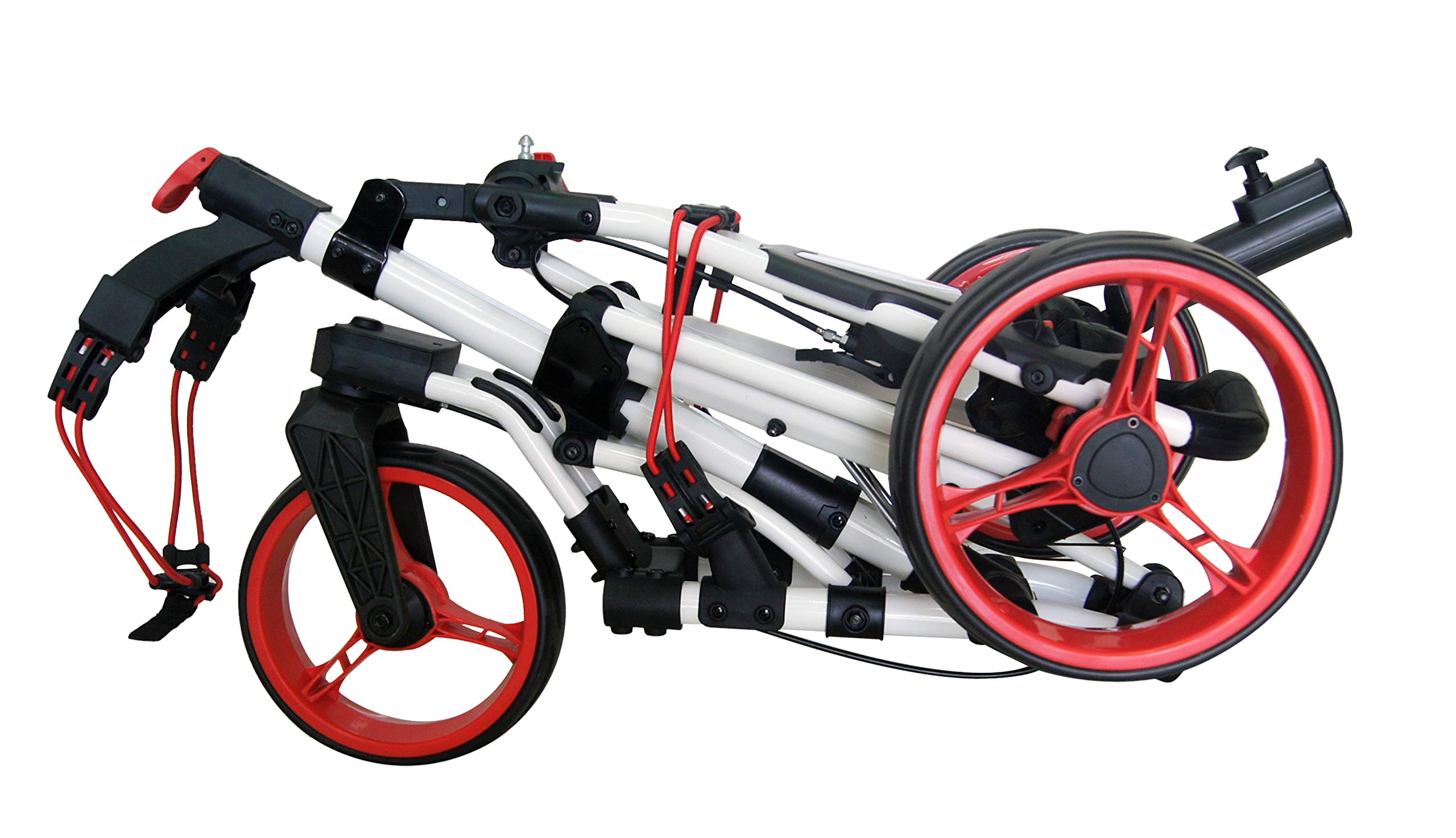 Qwik-Fold 360 Swivel 3 Wheel Push Pull Golf Cart - 360* Rotating Front Wheel - One Second To Open & Close! (White/Red)