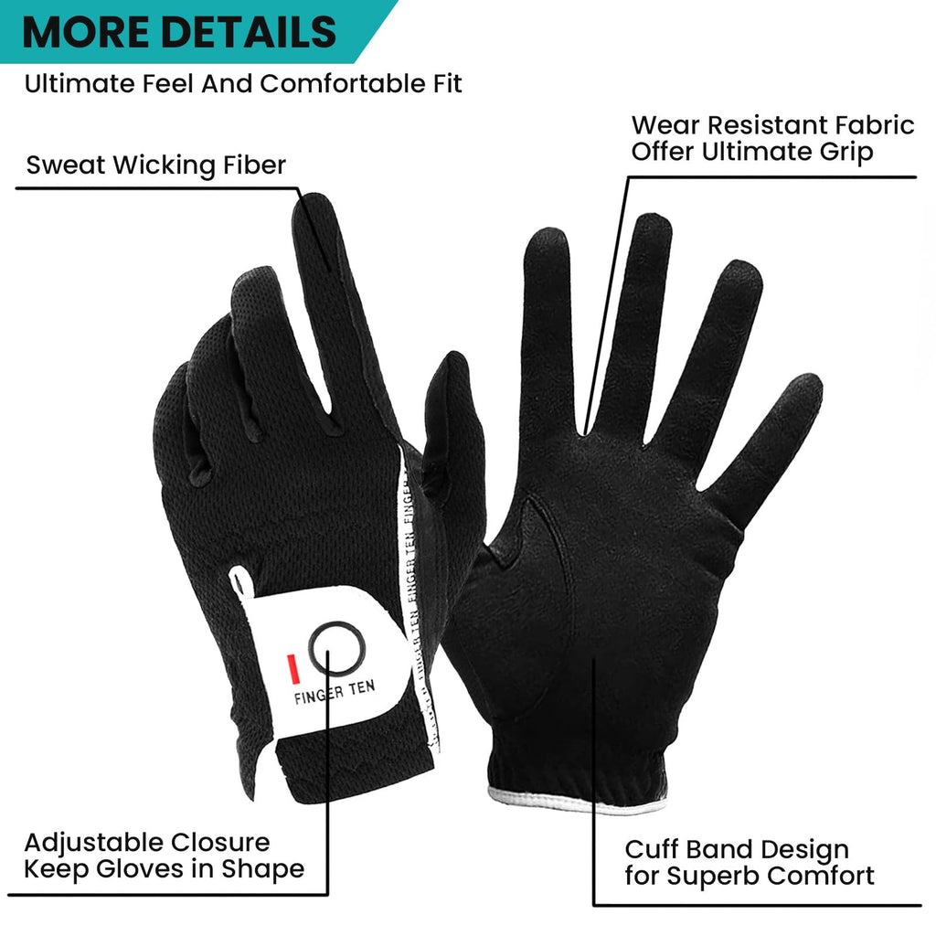 Finger Ten Men? Golf Glove Left Hand Rain Grip Pack, Durable Fit For Hot Wet All Weather (Black, Large)