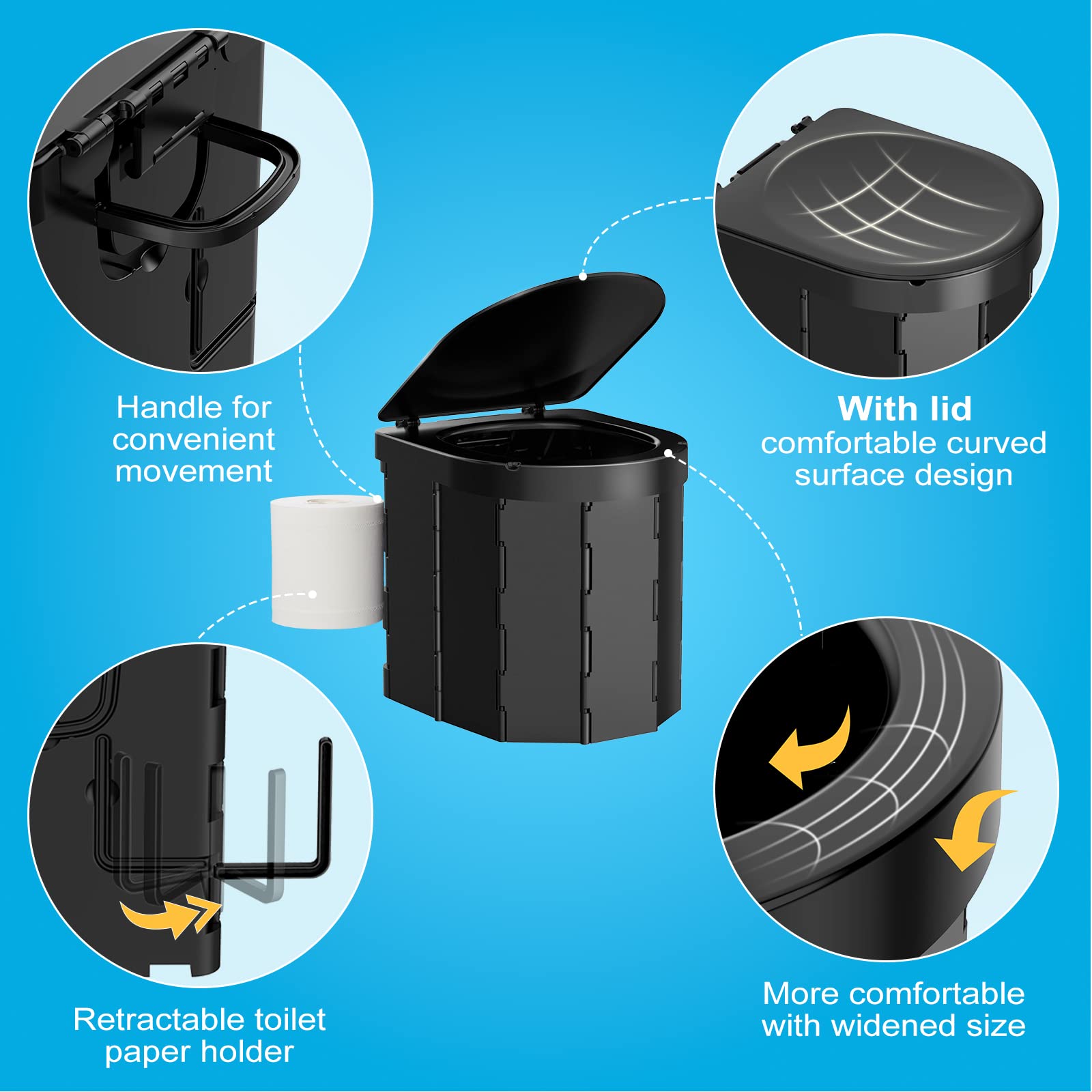 Portable Camping Toilet, Folding Toilet For Adults With Lid And Retractable Toilet Paper Holder,Waterproof Porta Potty With Carr