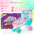 Kids Roller Skates For Girls Boys - Teal For Big Kids Age 7 8 9 10 - Adjustable All Light Up Wheels Butterfly And Flower Indoor