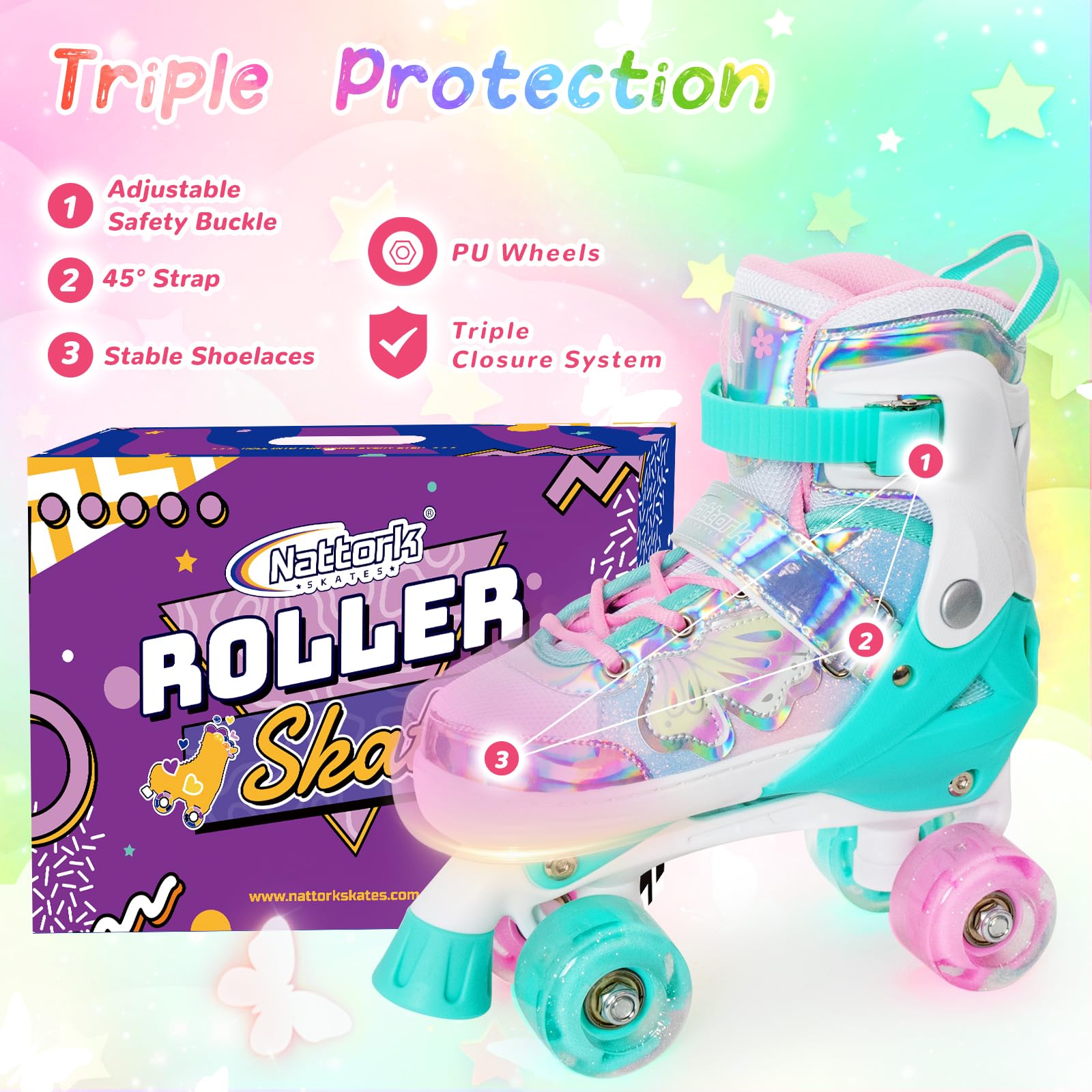 Kids Roller Skates For Girls Boys - Teal For Big Kids Age 7 8 9 10 - Adjustable All Light Up Wheels Butterfly And Flower Indoor